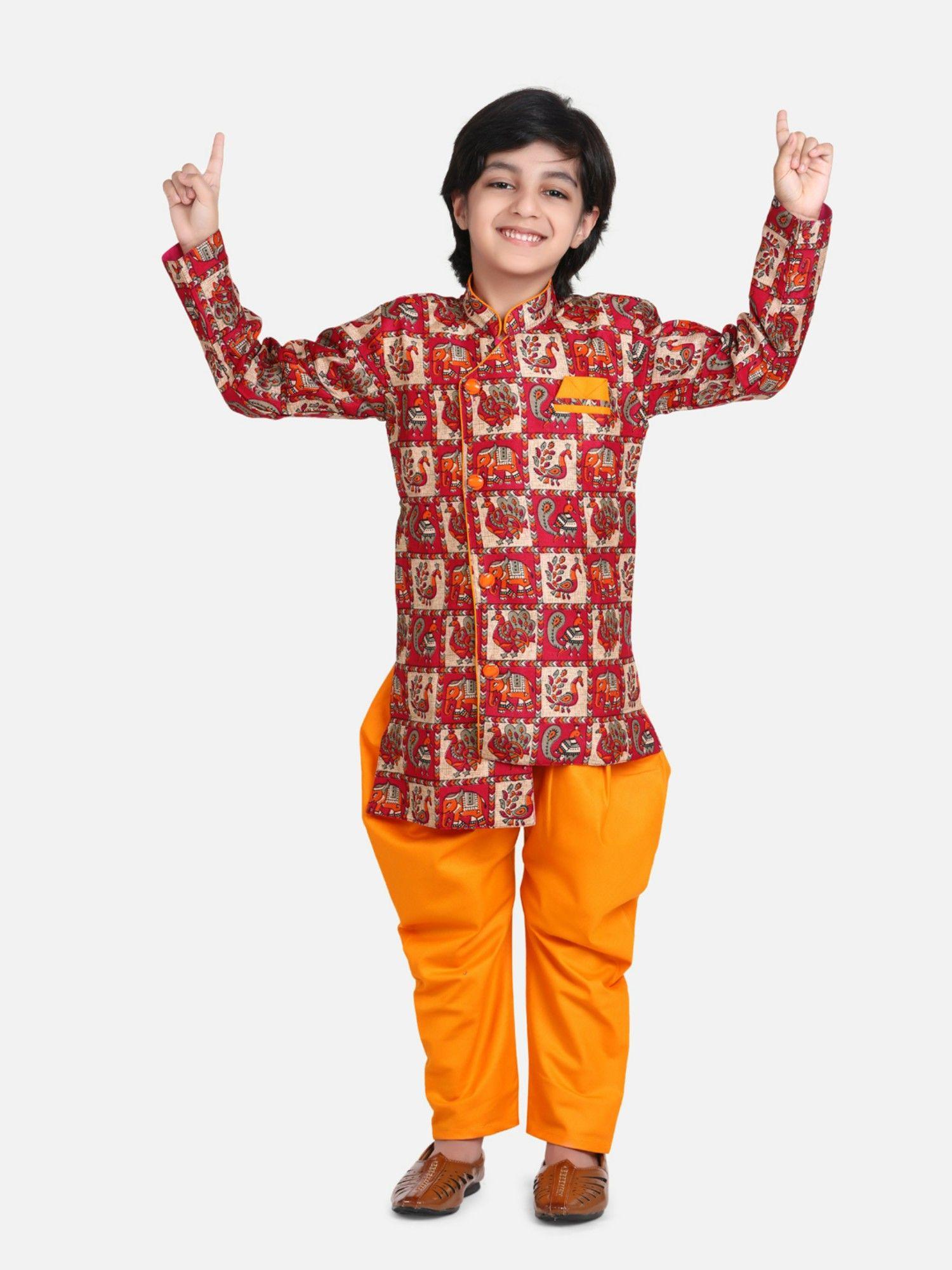 mor-print-full-sleeve-sherwani-pyjama--orange-(set-of-2)