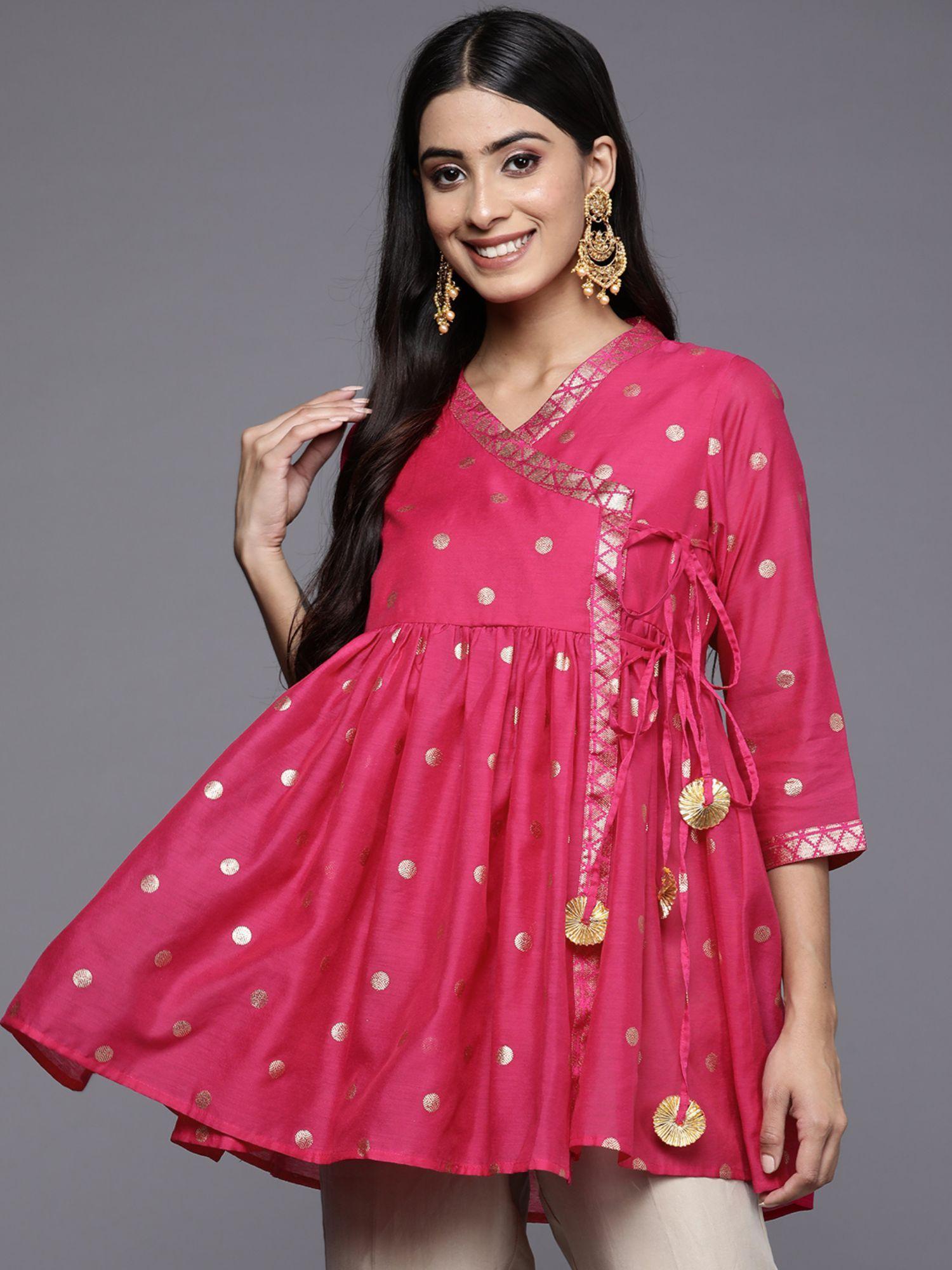 womens-pink-chanderi-printed-angrakha-style-tunic
