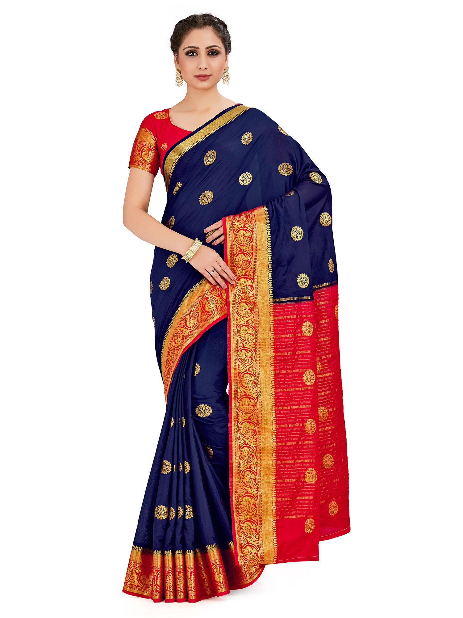 navy-blue-mysore-silk-style-crepe-saree-with-unstitched-blouse