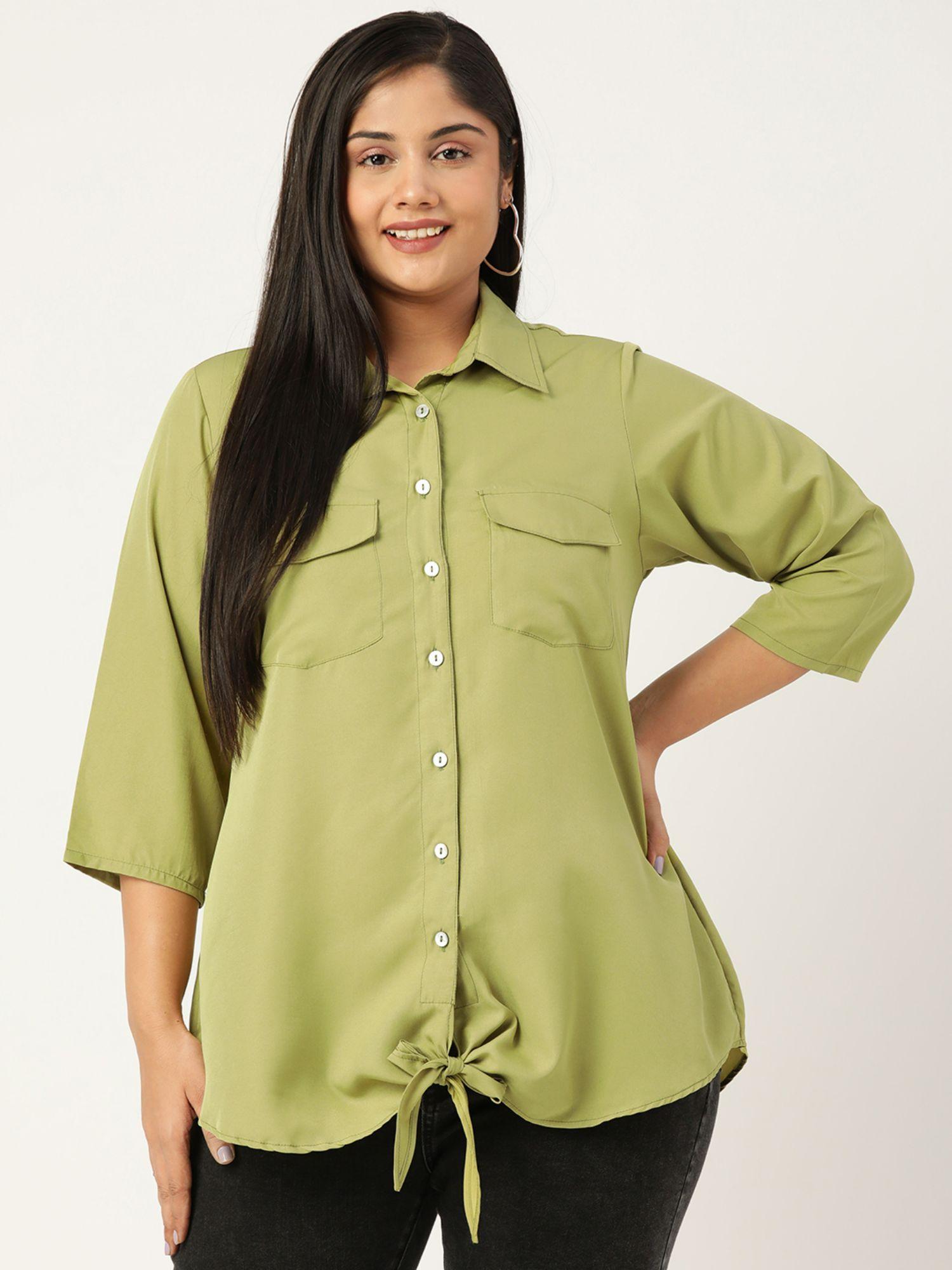plus-size-women-olive-solid-colour-button-closure-casual-shirt