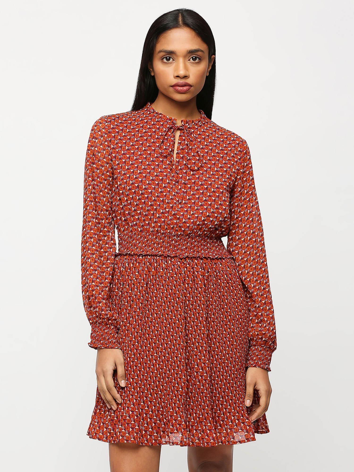 red-printed-long-sleeved-flared-dress