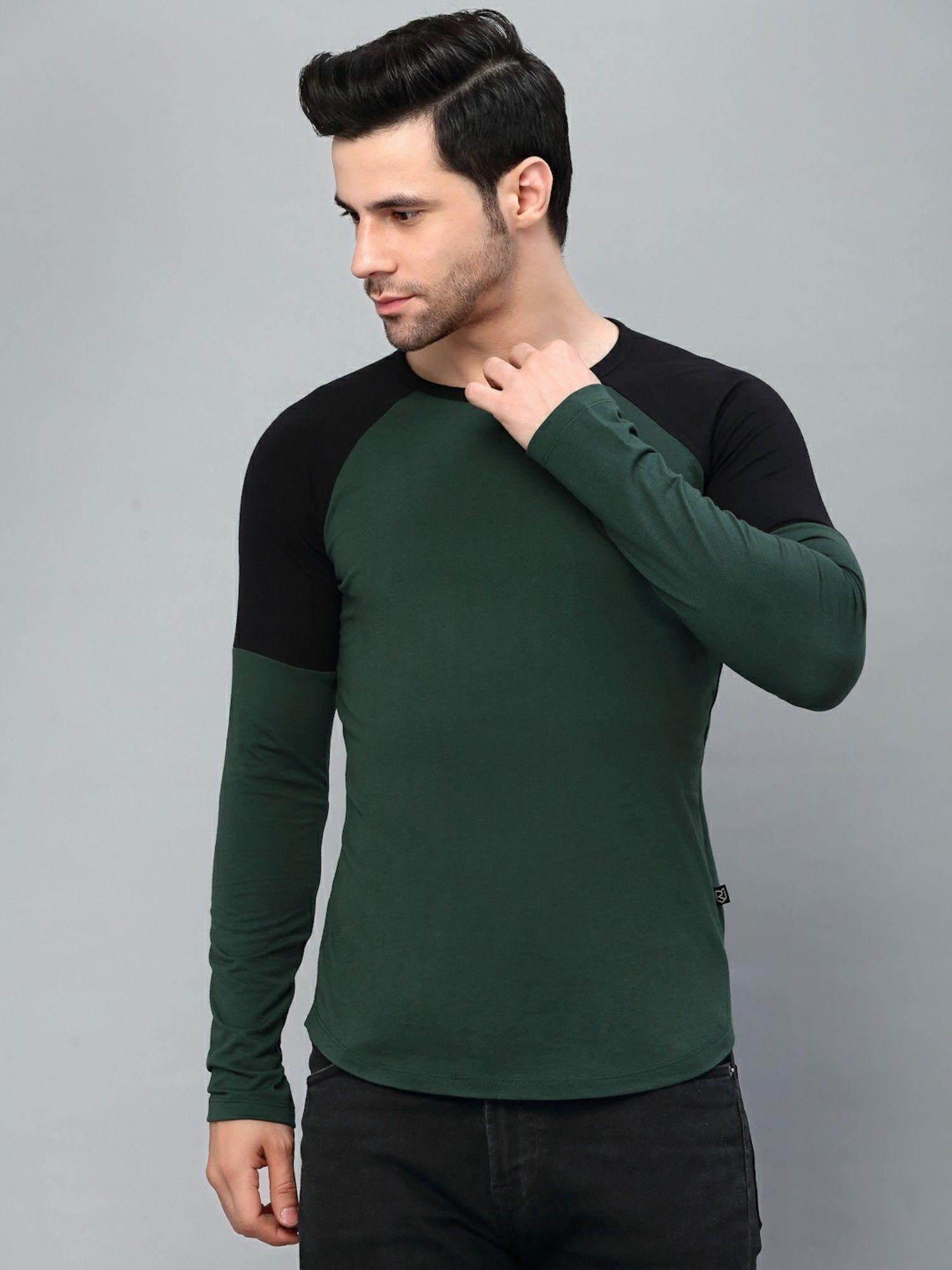 men-bottle-green-round-neck-raglan-full-sleeve-printed-t-shirt