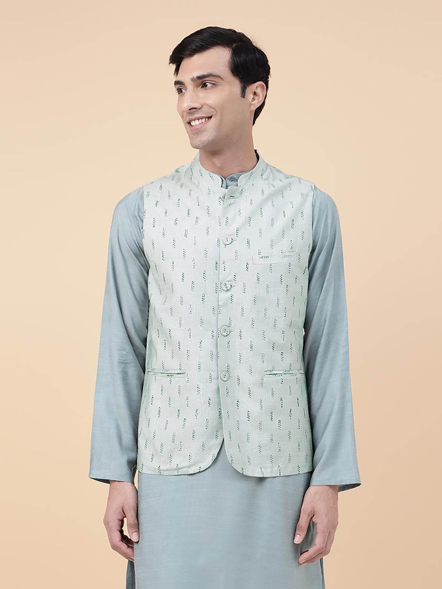 green-viscose-silk-hand-block-printed-slim-fit-nehru-jacket