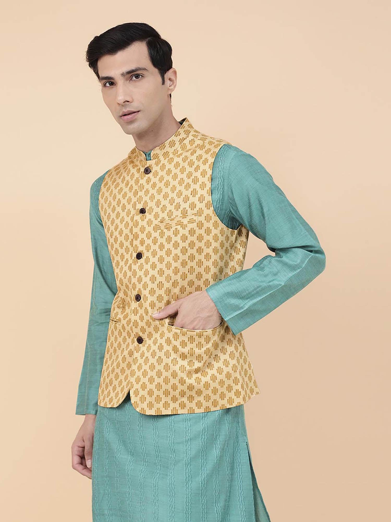 yellow-cotton-linen-hand-block-printed-slim-fit-nehru-jacket