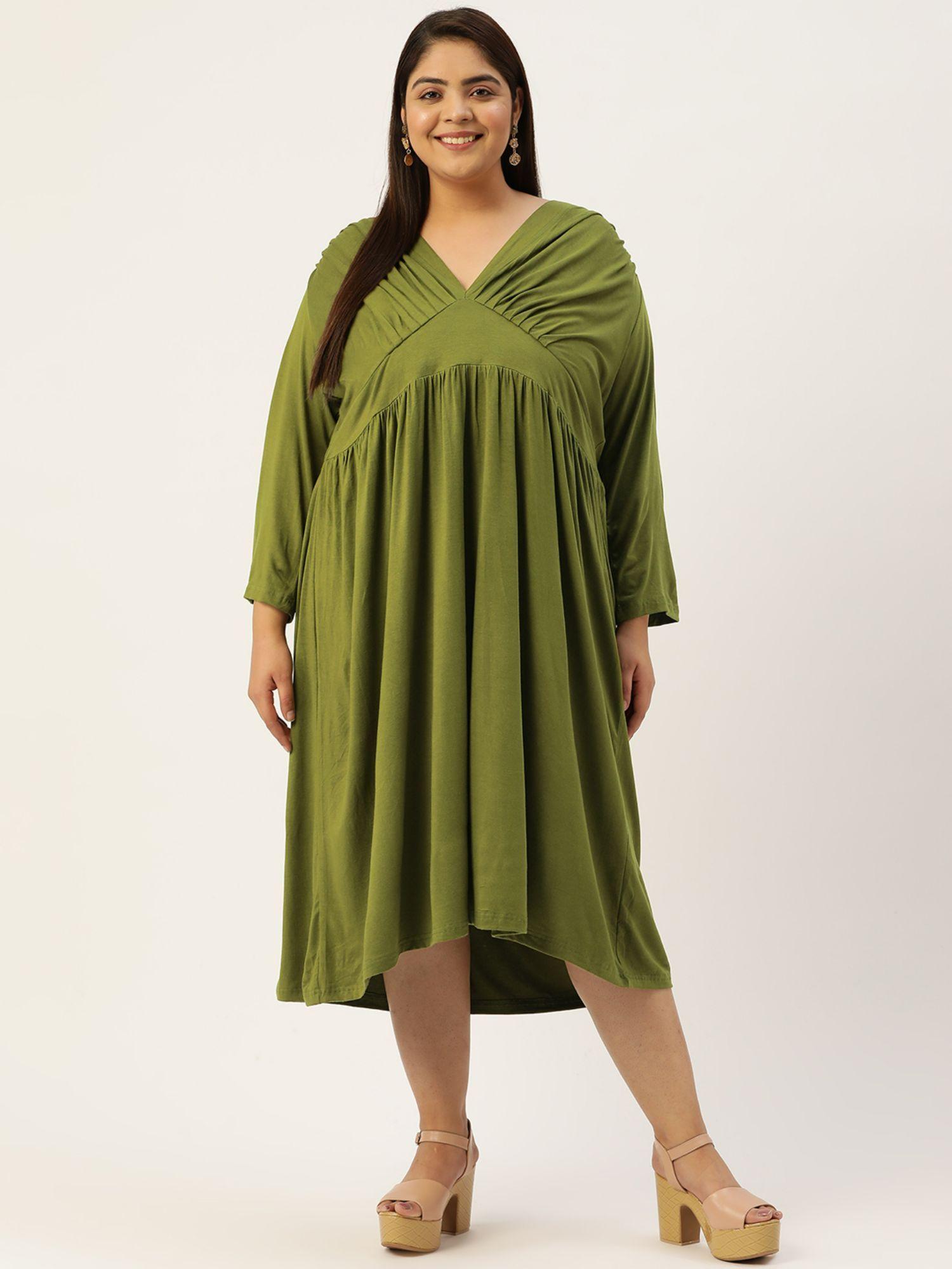 plus-size-women-olive-green-solid-color-viscose-knitted-a-line-dress