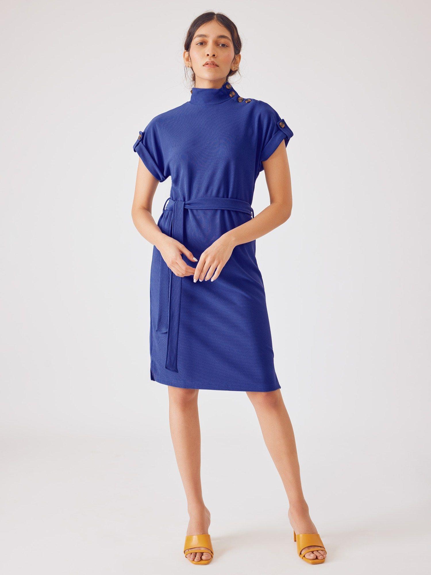 blue-buttoned-high-neck-dress-with-belt-(set-of-2)