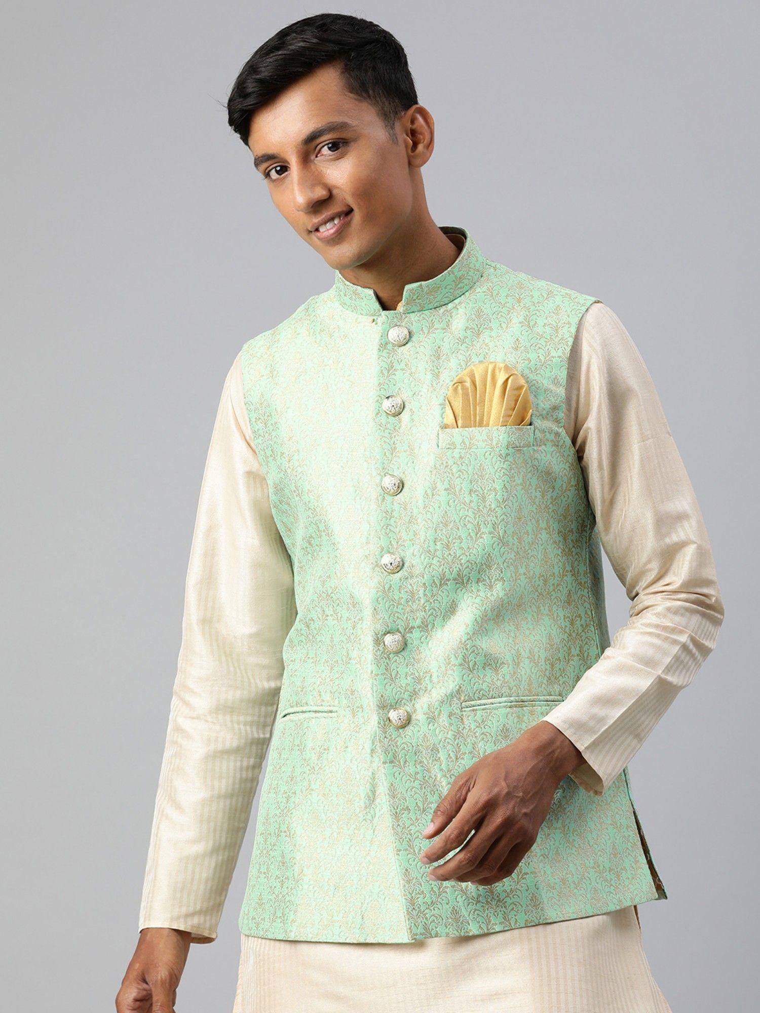 green-woven-art-silk-sleeveless-nehru-jacket