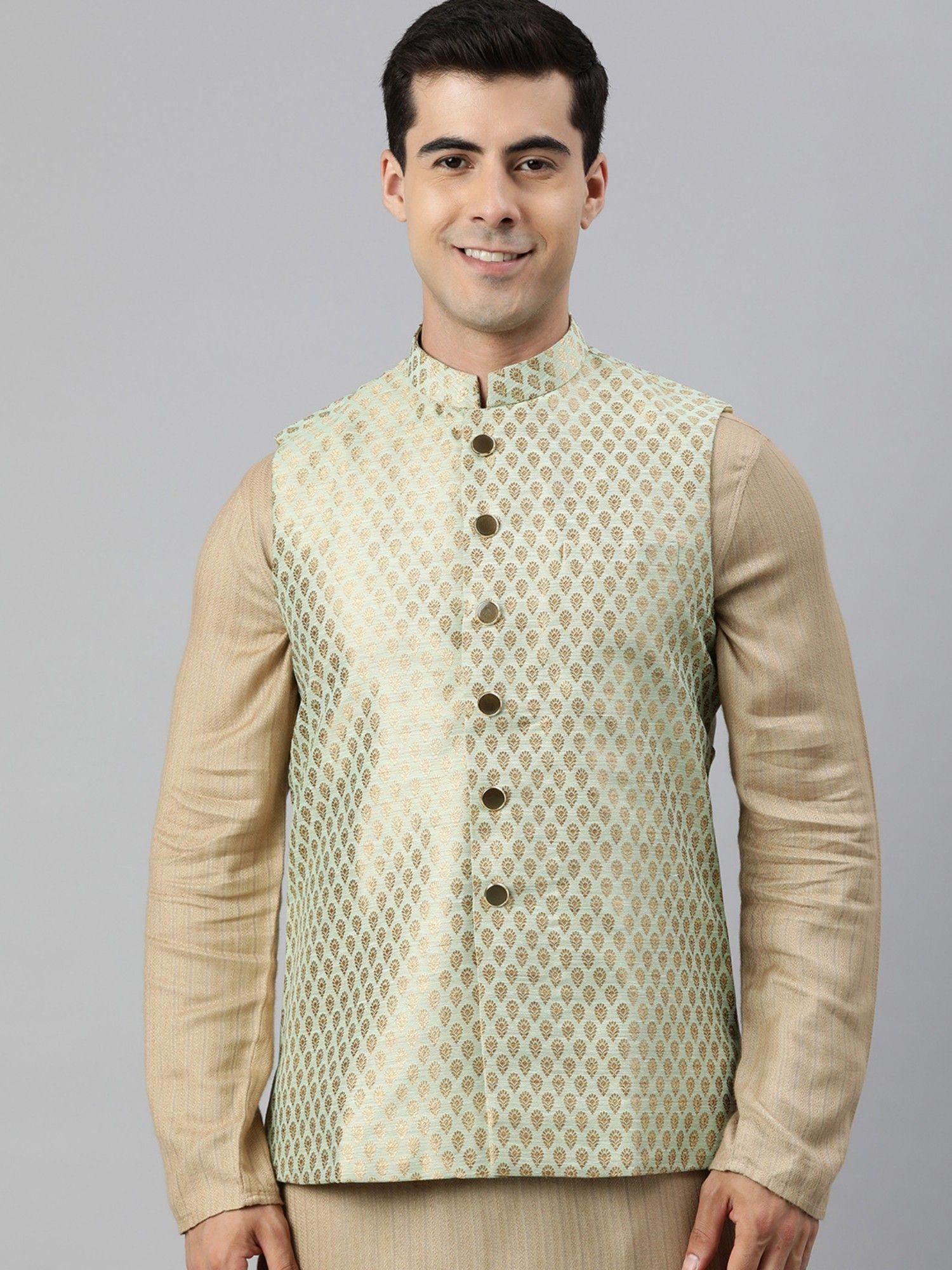 green-woven-art-silk-sleeveless-nehru-jacket