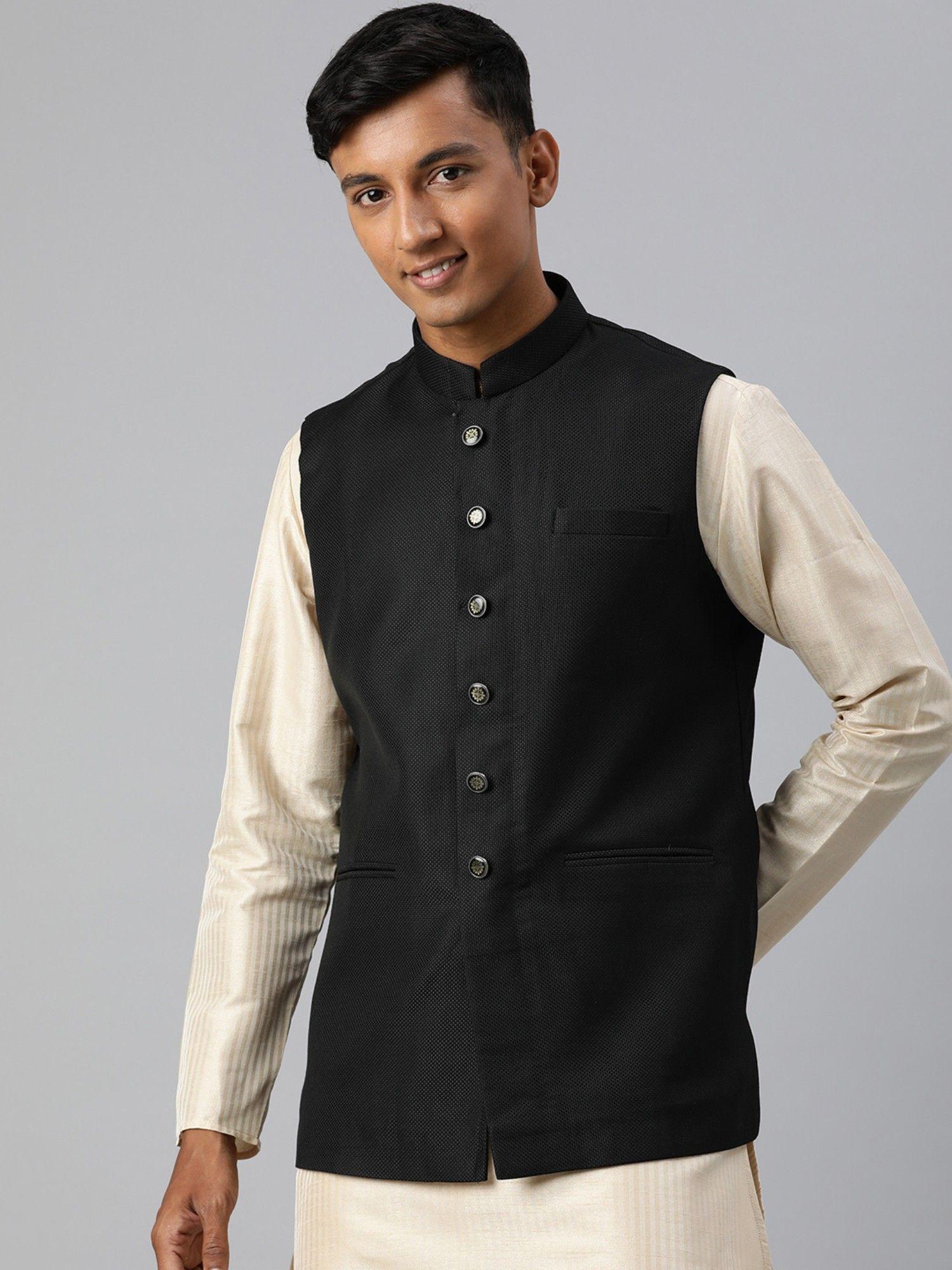 black-woven-blended-rayon-sleeveless-nehru-jacket