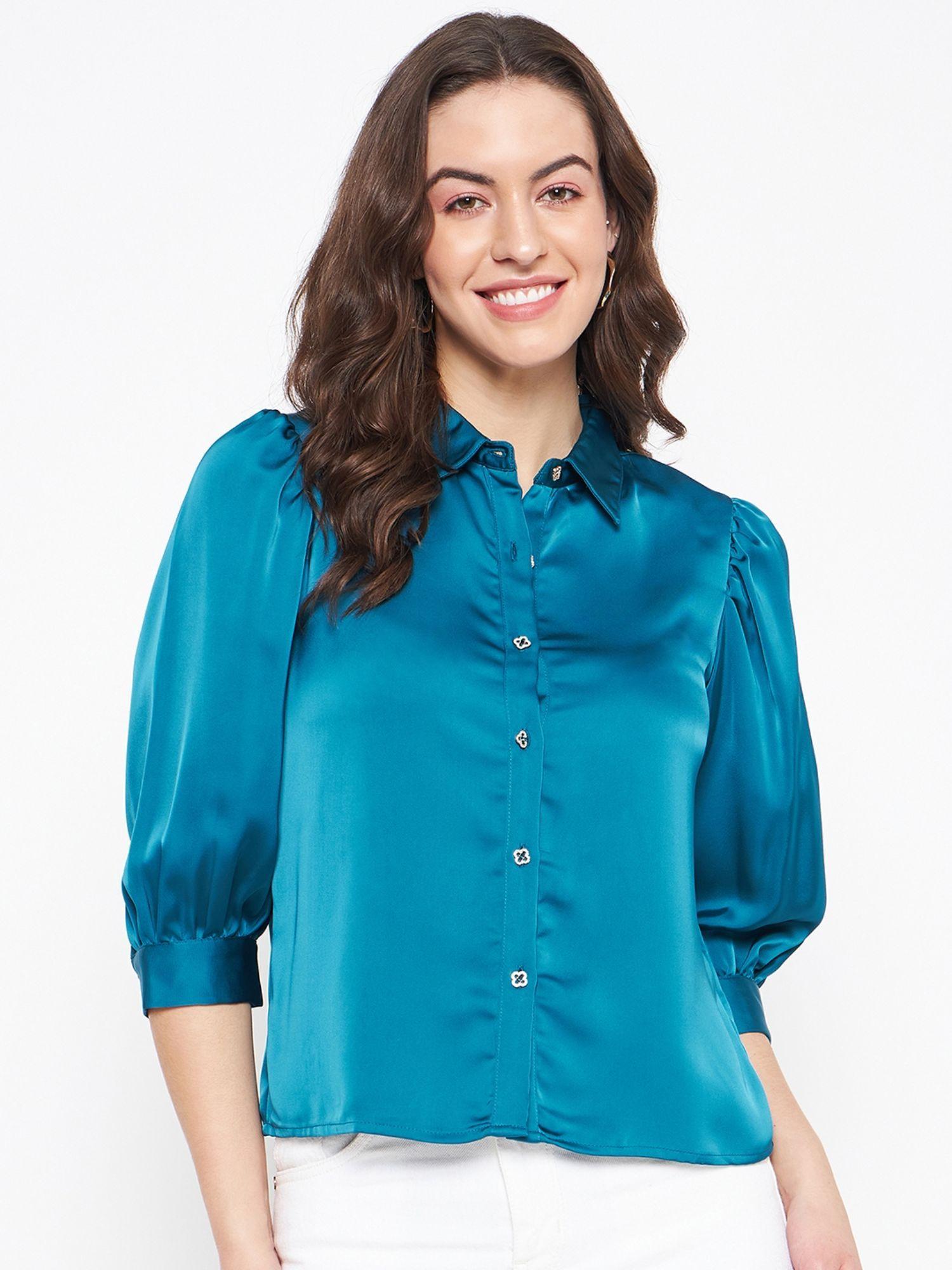 barcelona-women-balloon-sleeve-teal-blue-satin-shirt