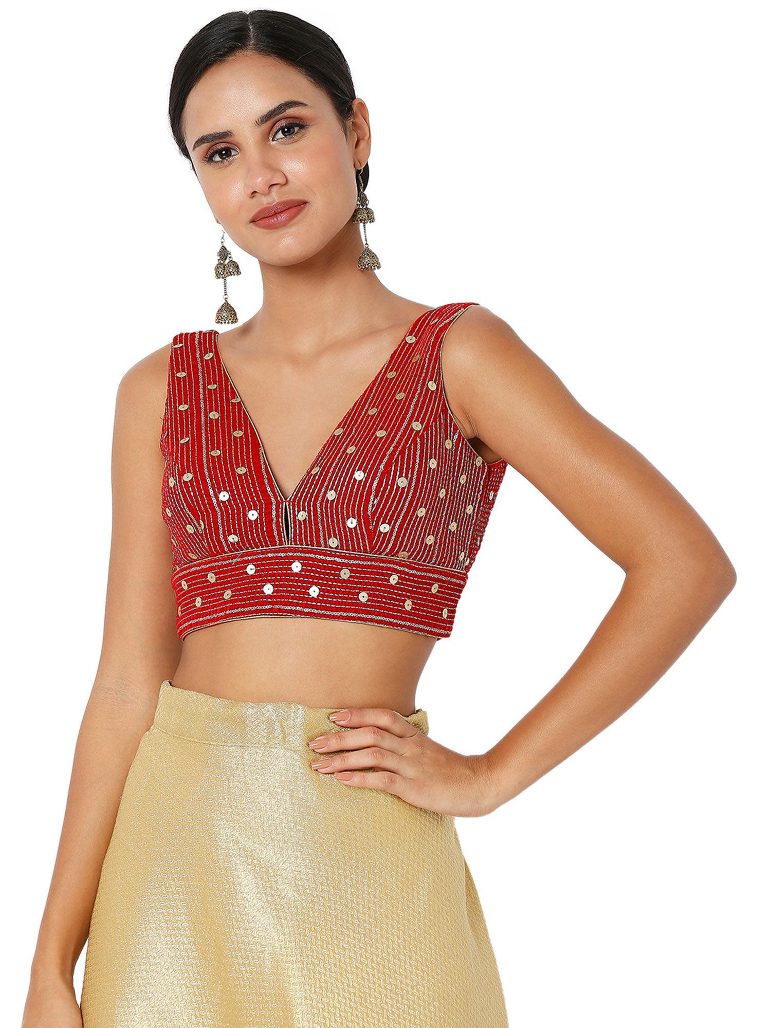 womens-red-velvet-embellished-readymade-saree-blouse