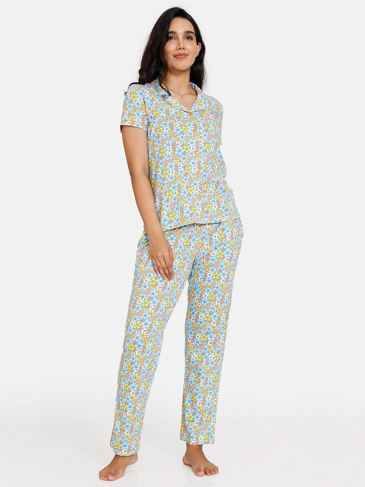 retro-flowers-knit-cotton-pyjama---cyan-blue-(set-of-2)