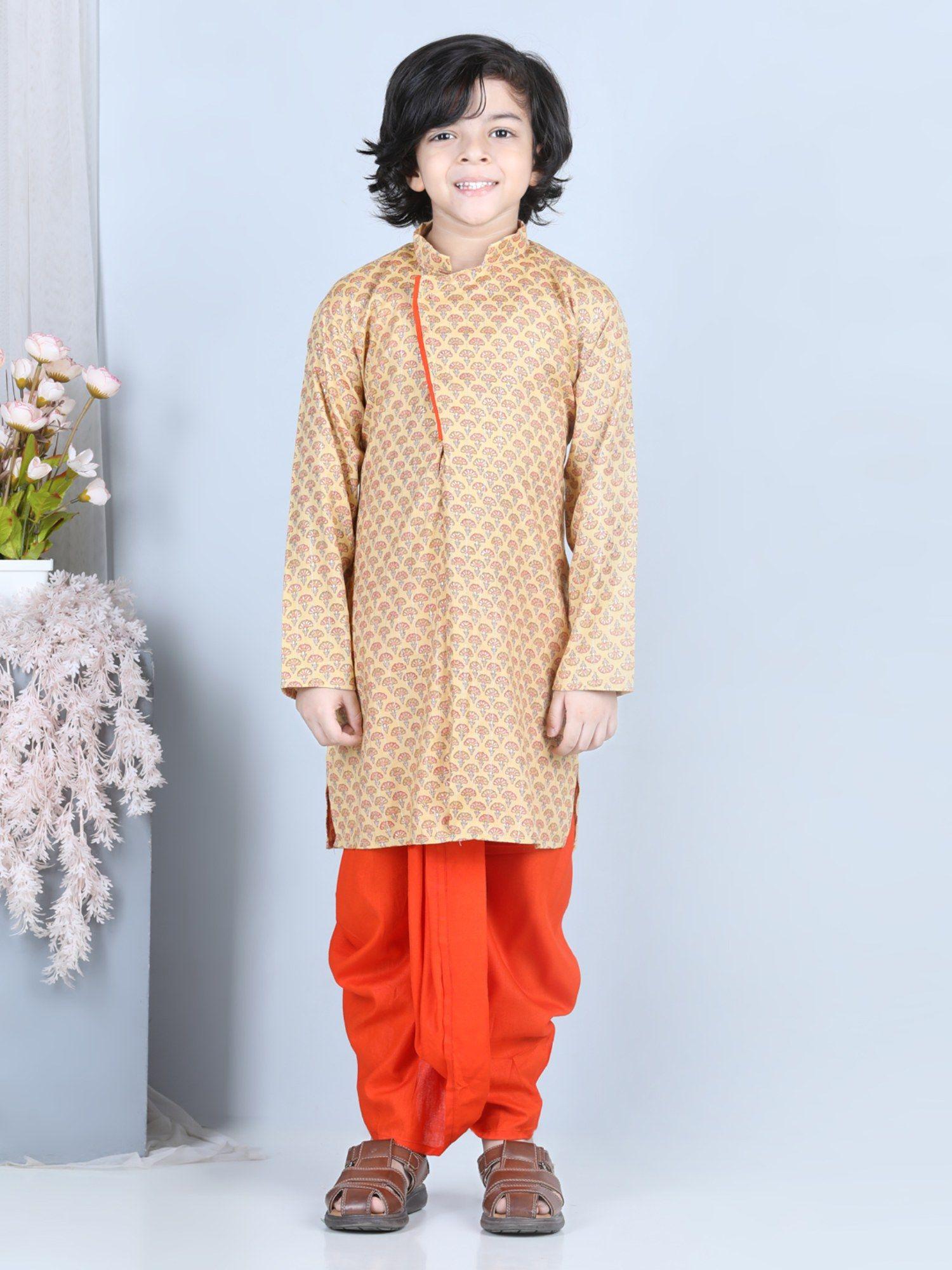 yellow-printed-kurta-with-orange-dhoti-(set-of-2)