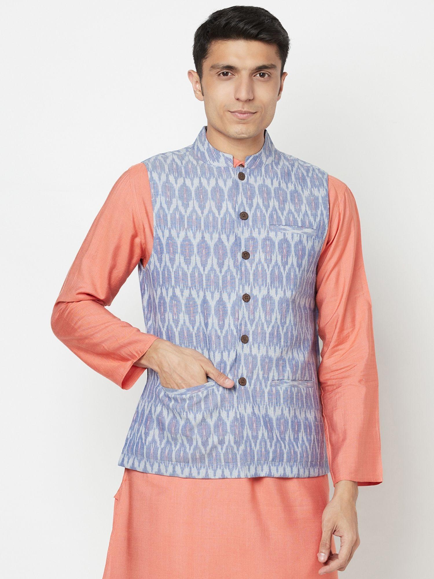cotton-blue-self-design-men-nehru-jacket