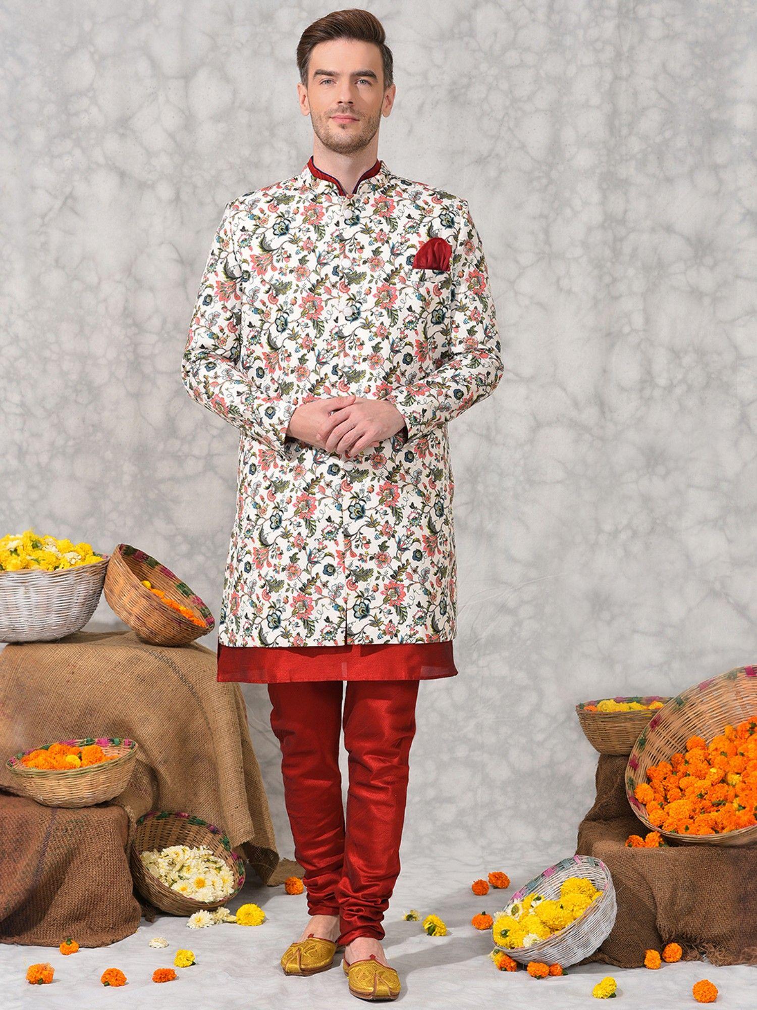men-party-wear-kurta-pyjama-with-sherwani-red-(set-of-3)