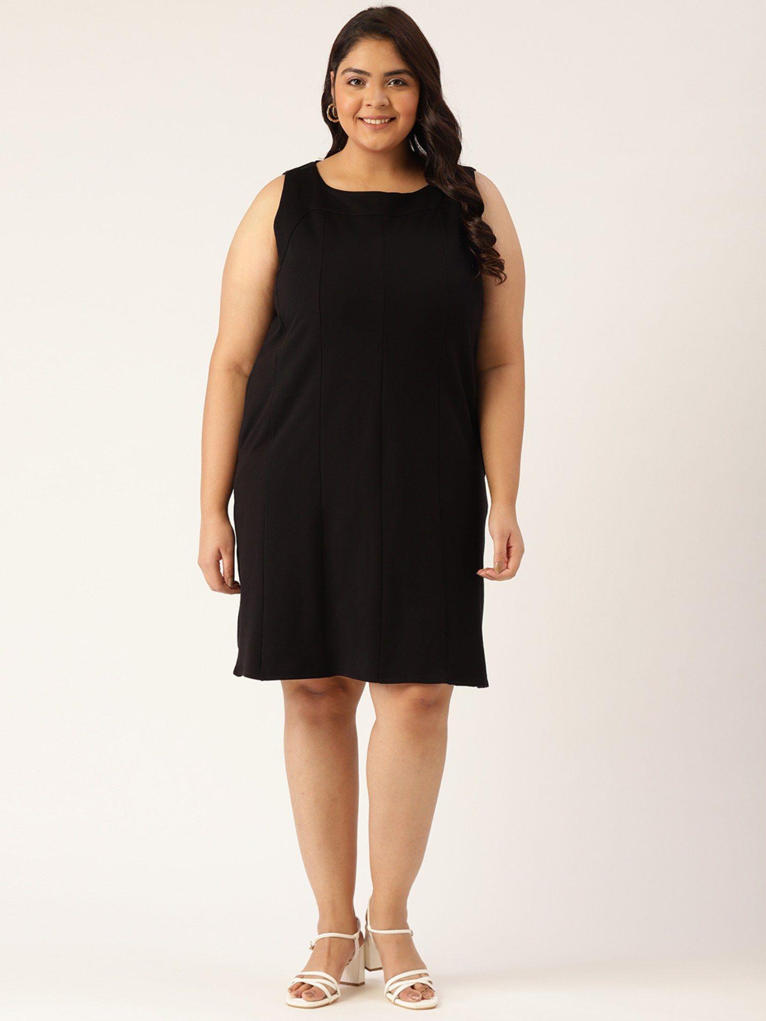plus-size-womens-black-solid-color-knitted-sheath-dress