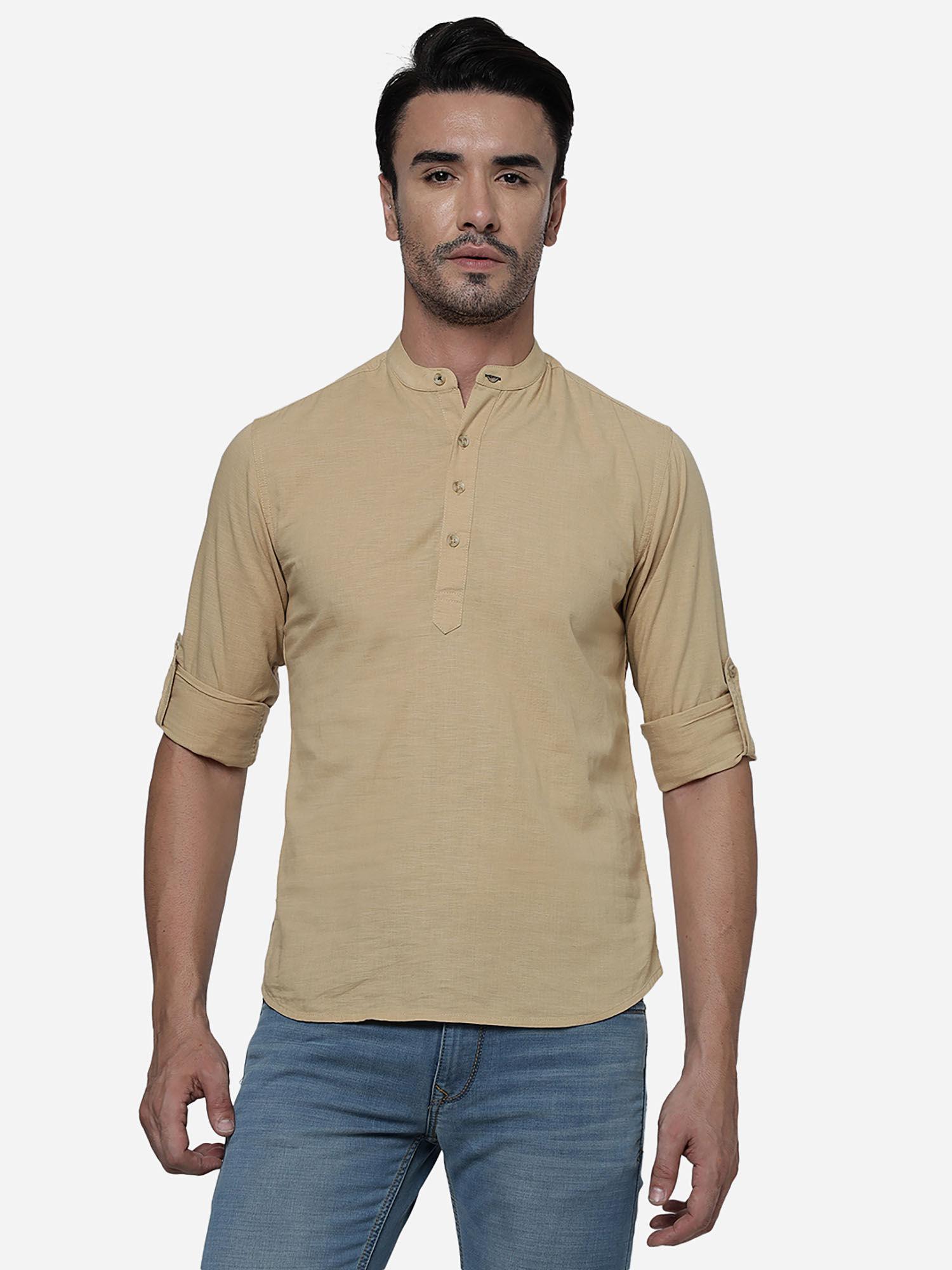 men-beige-cotton-slim-solid-casual-shirt