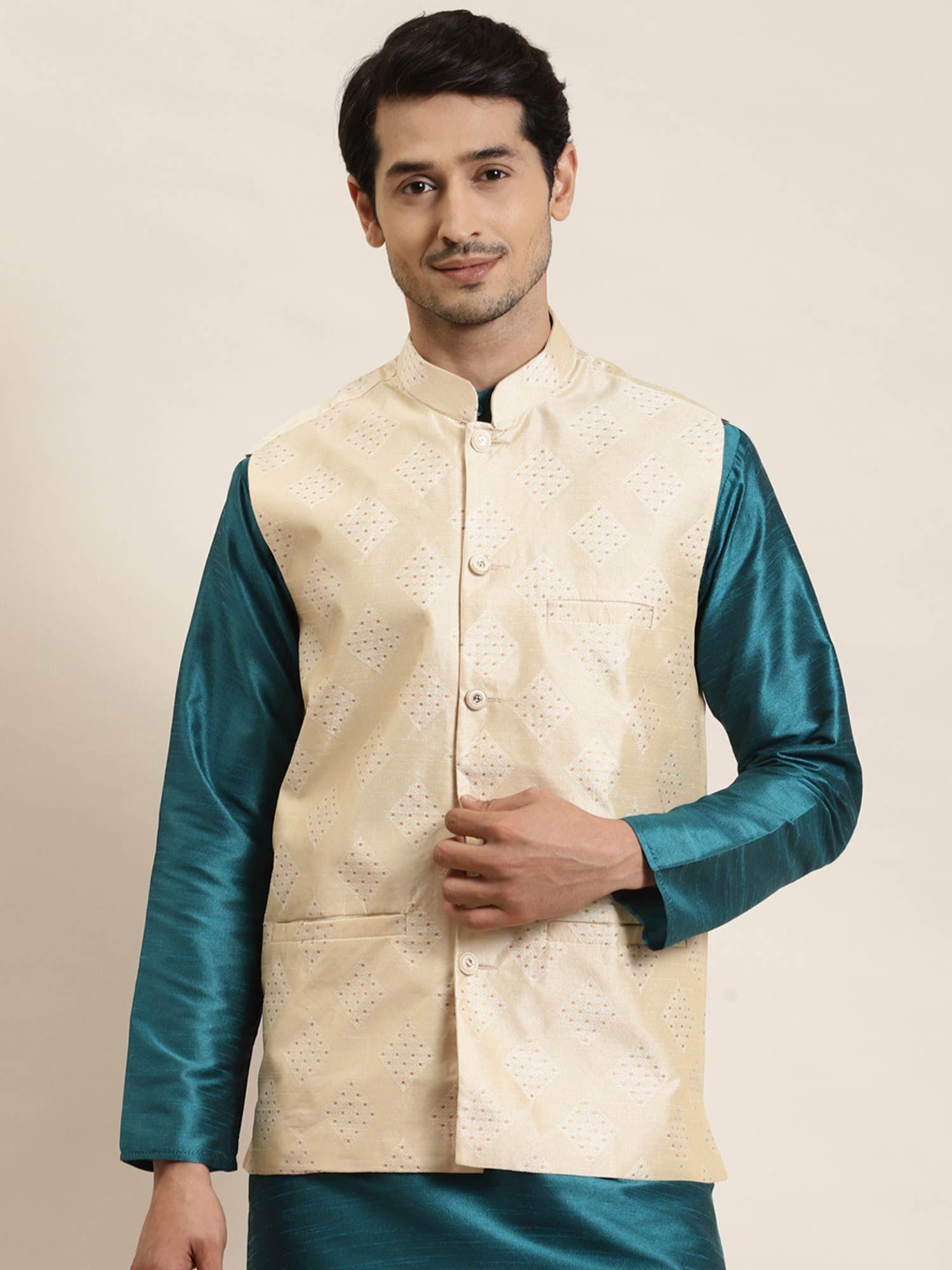 men-jacquard-silk-cream-&-gold-self-design-nehru-jacket