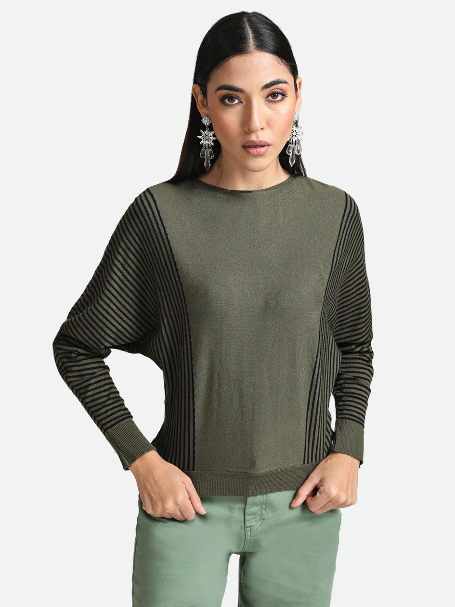 olive-stripped-batwing-pullover