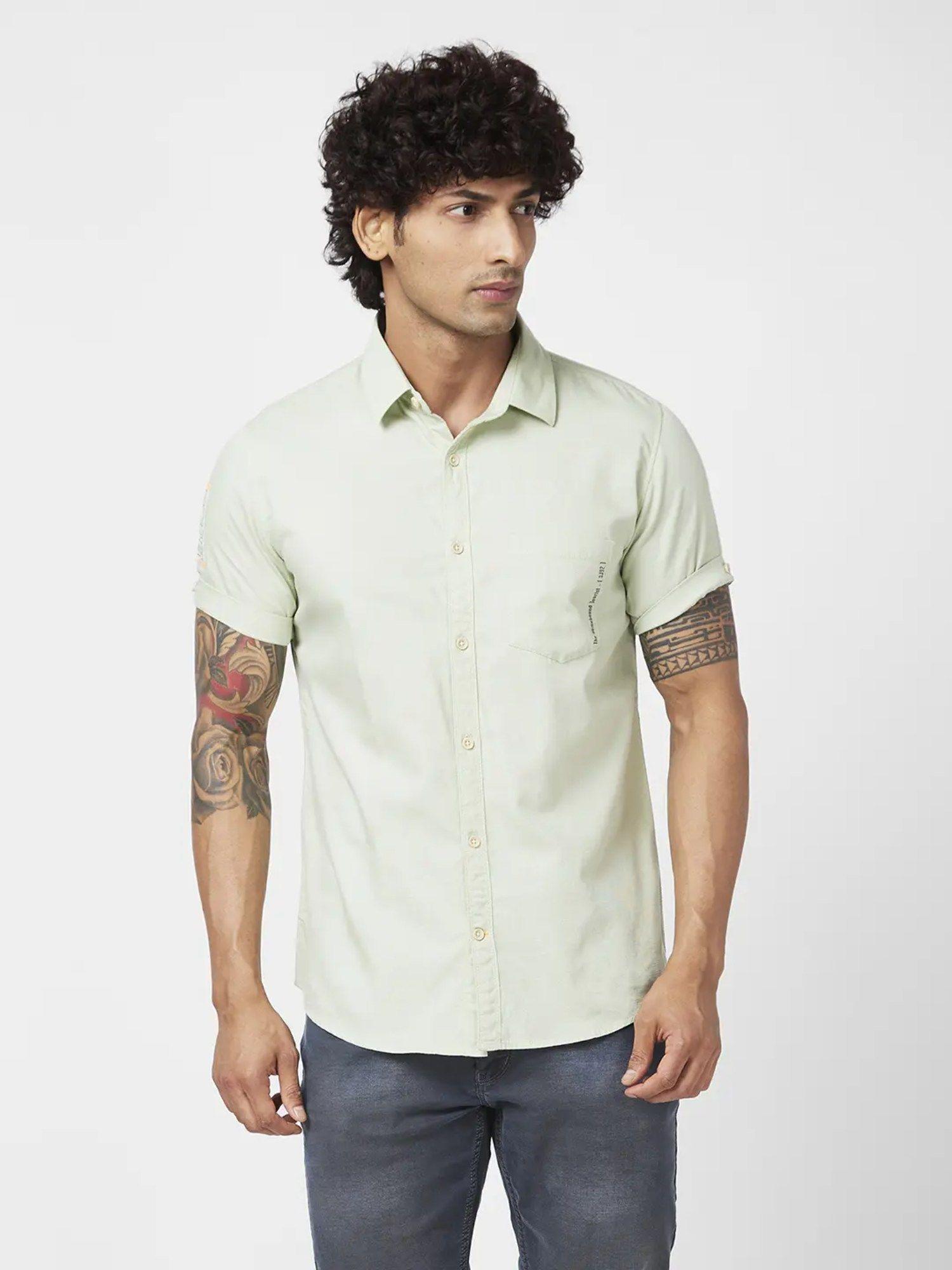 men-dusty-green-twill-regular-slim-fit-half-sleeve-plain-shirt
