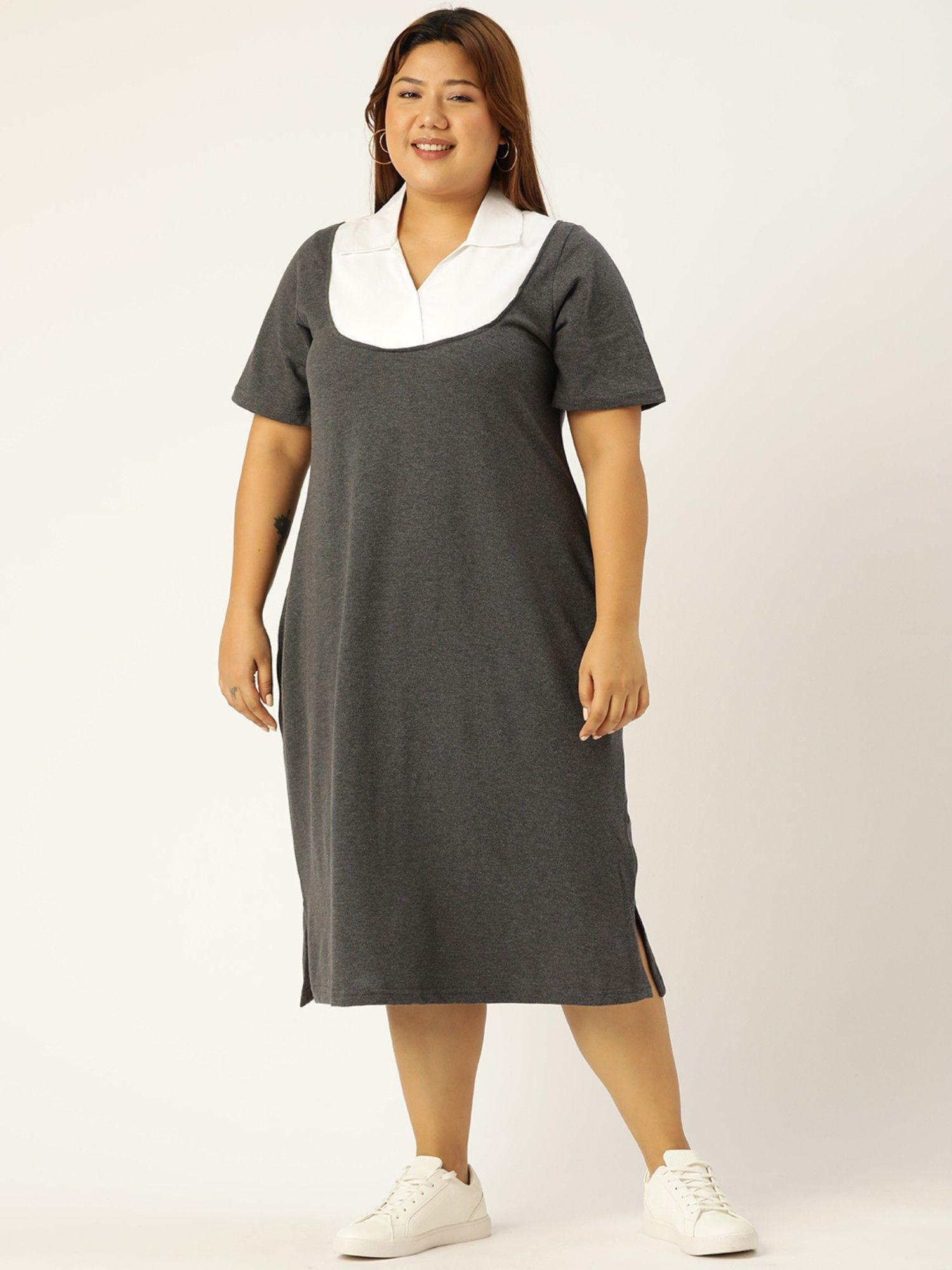 plus-size-women-charcoal-grey-&-white-solid-color-shirt-collar-dress