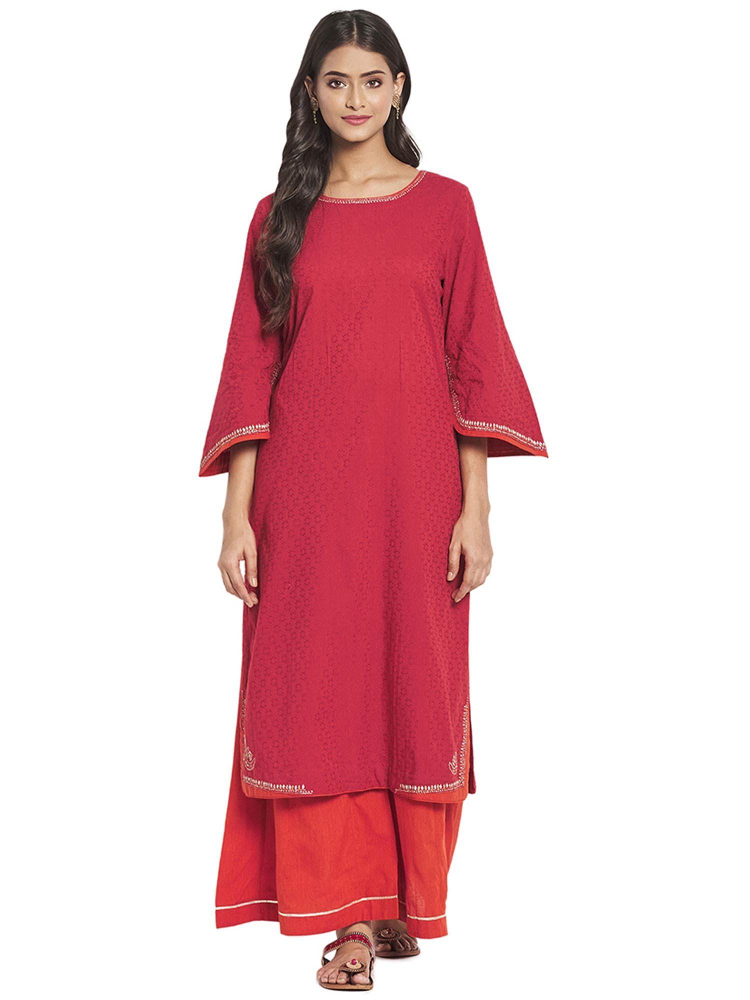 red-cotton-woven-long-kurta-set-(set-of-2)