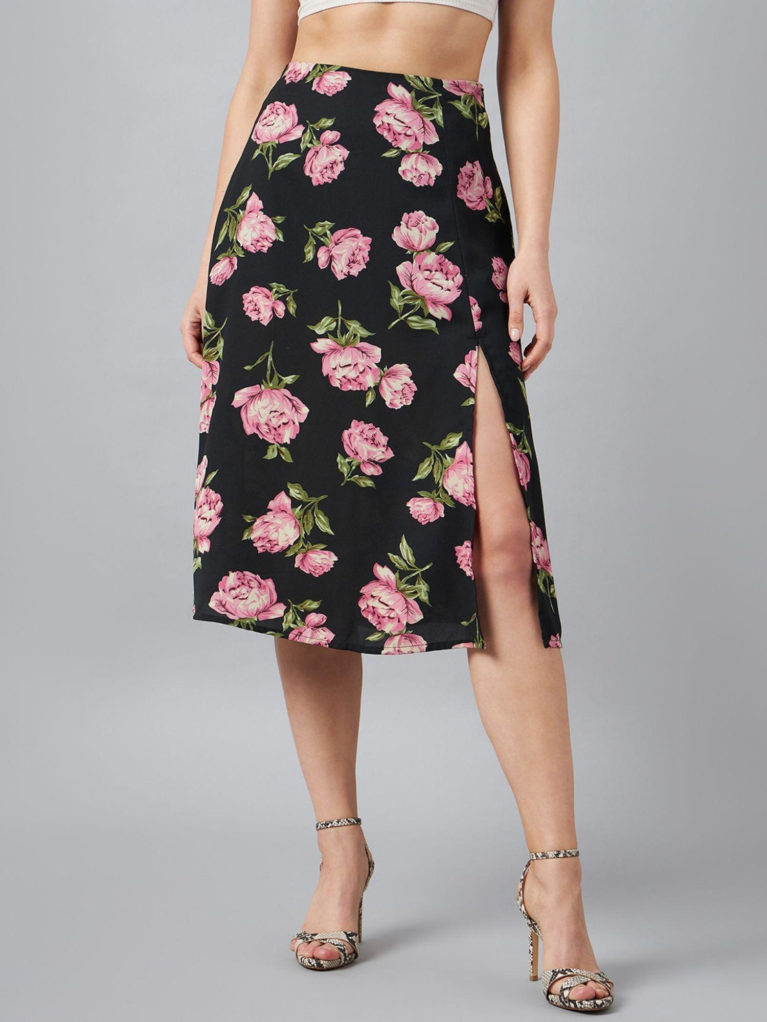 women-casual-black-colour-floral-a-line-skirt