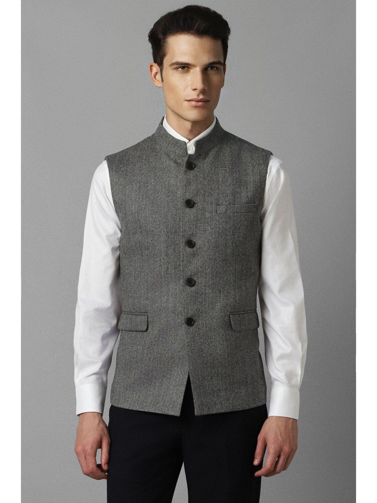 men-grey-textured-slim-party-nehru-jacket