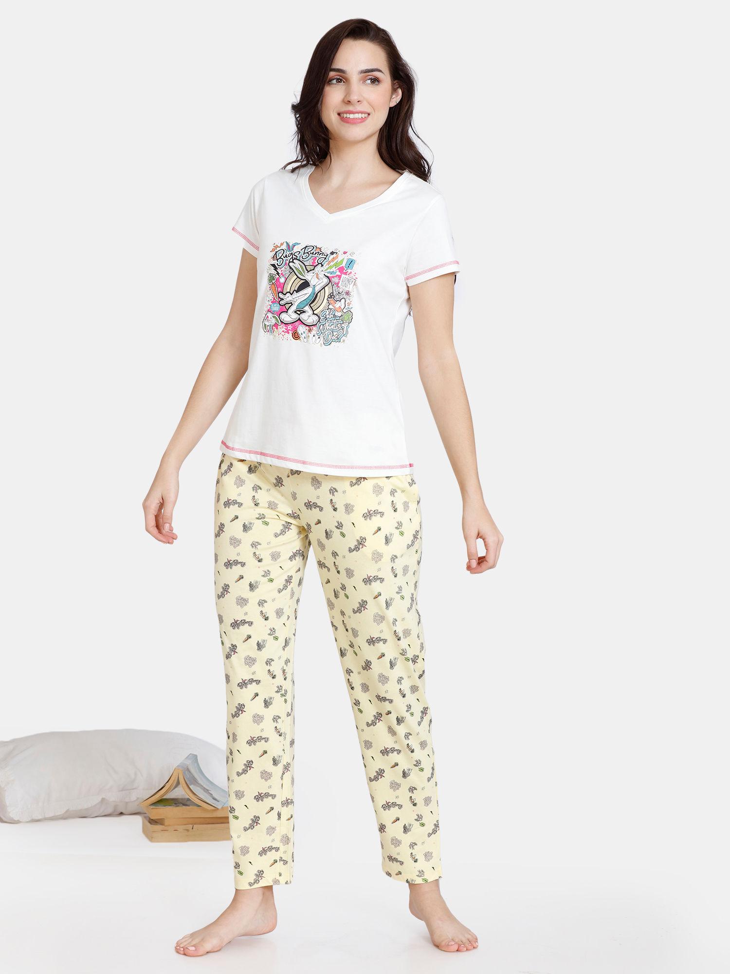 bugs-bunny-knit-cotton-mid-length-pyjama-set---pale-banana---multi-color