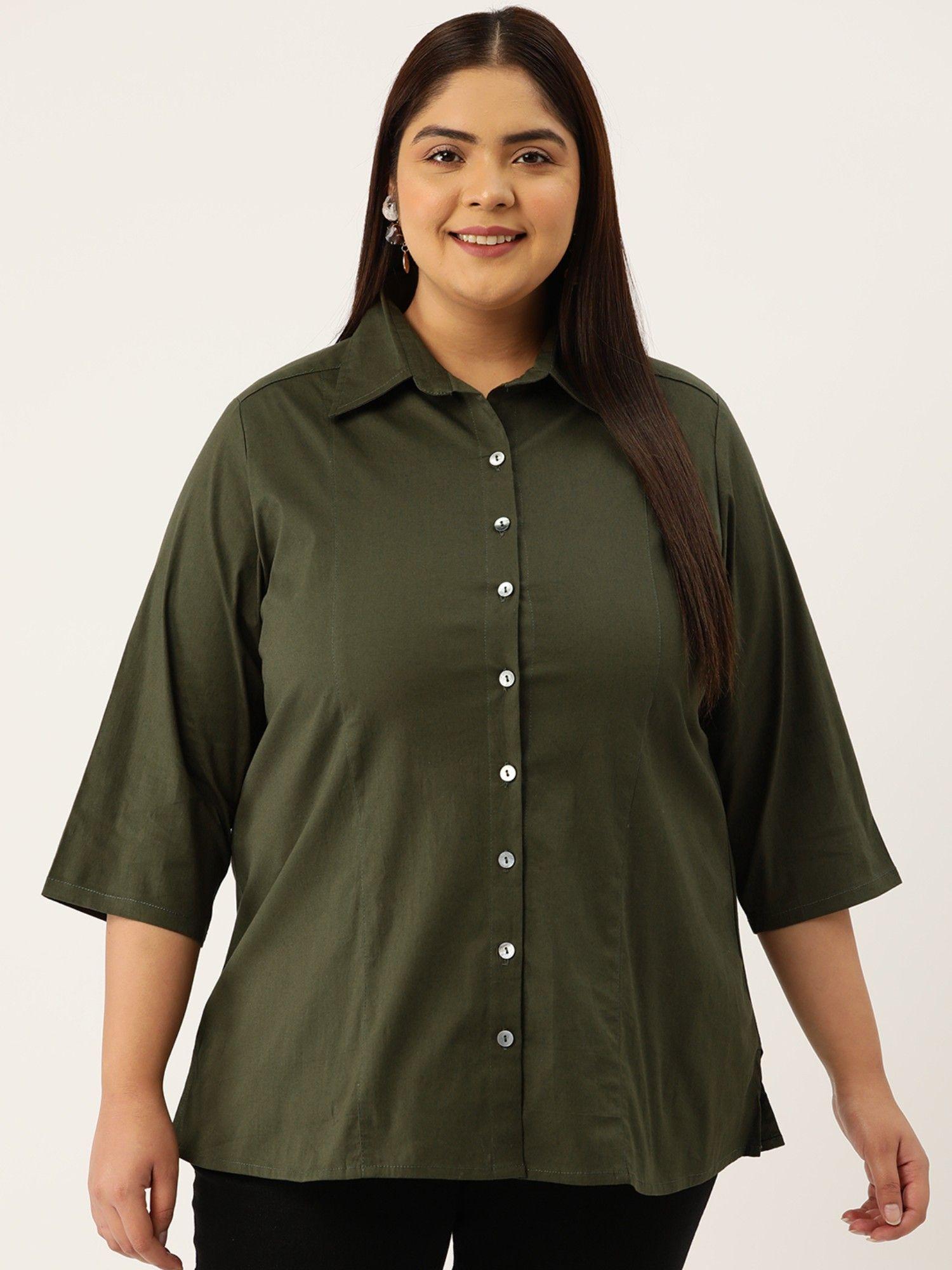 plus-size-womens-olive-solid-color-button-closure-casual-shirt