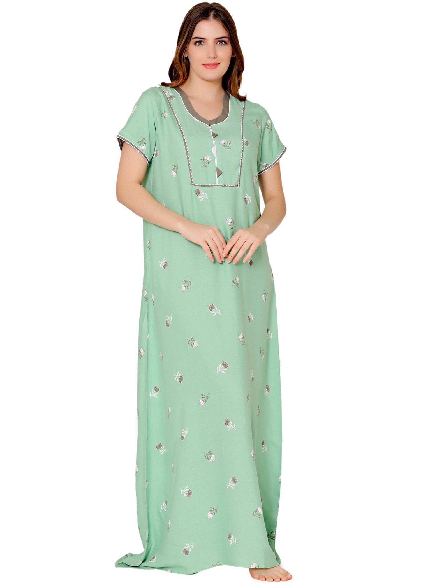 womens-polycotton-u-neck-printed-long-night-dress--bsn2015a-green