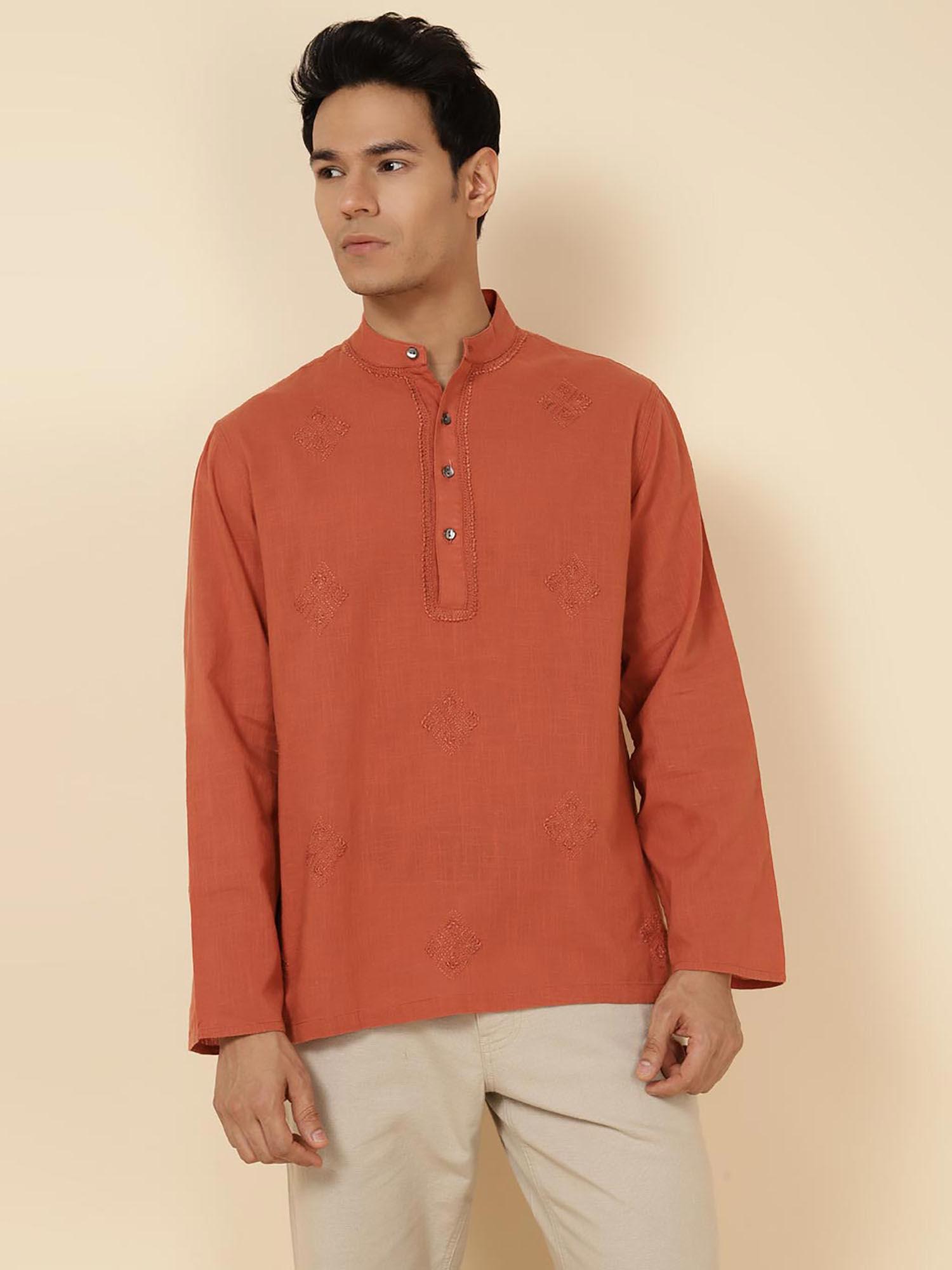 rust-cotton-embroidered-mid-short-kurta