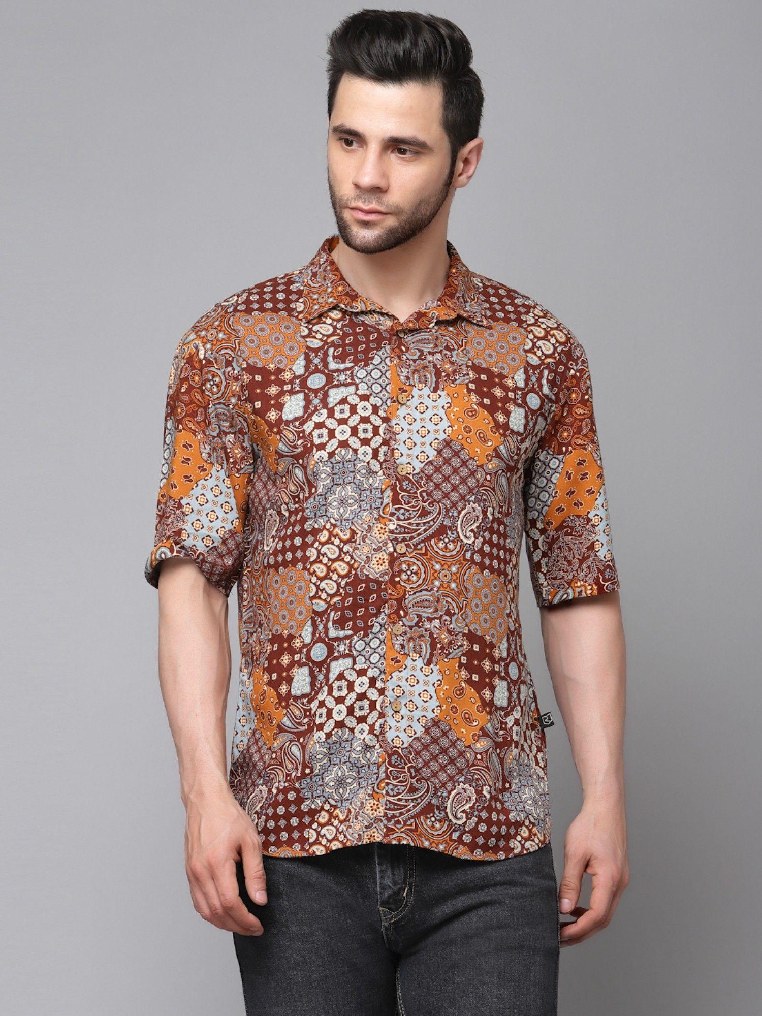 men-brown-paisley-print-shirt