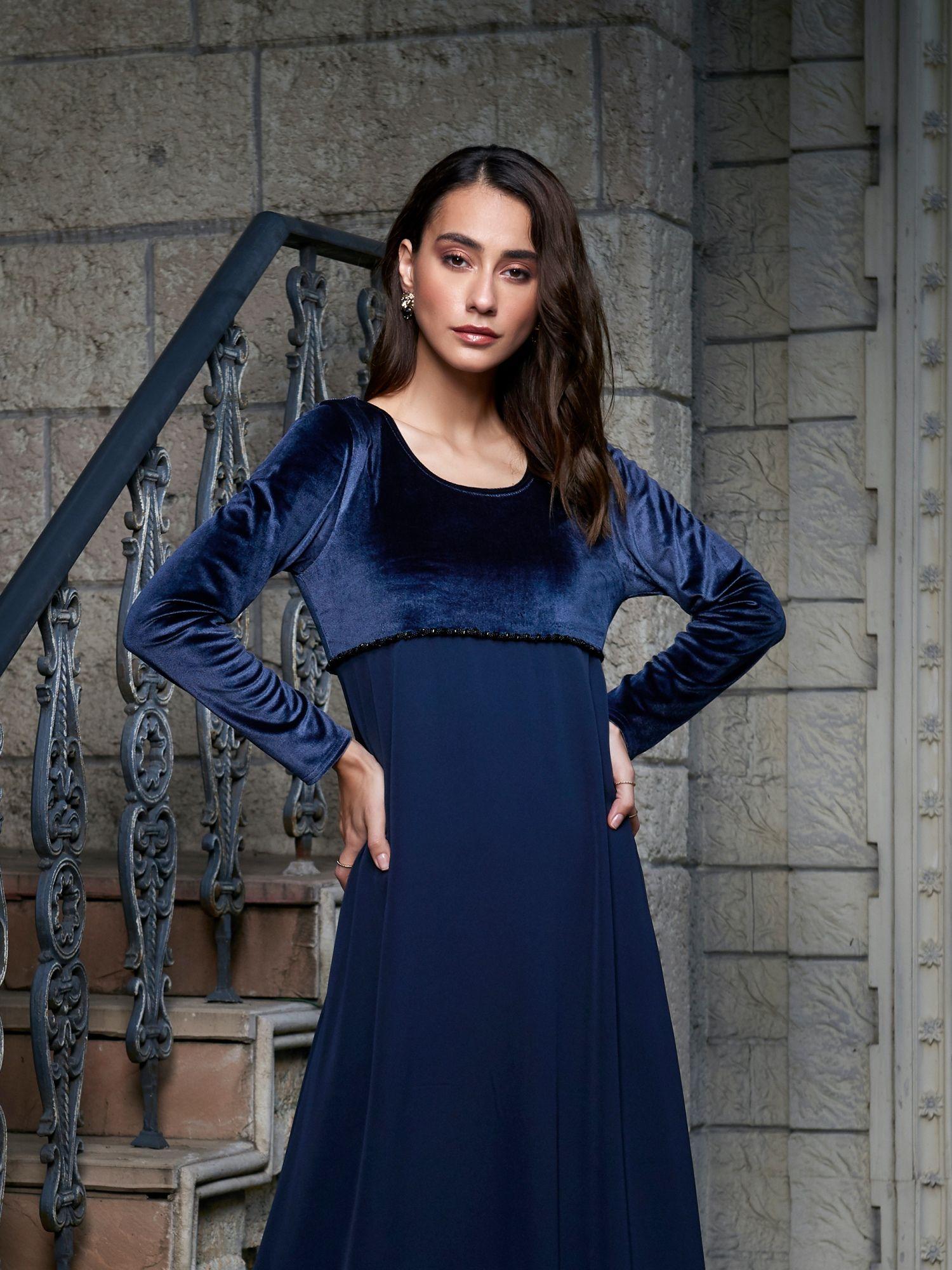sipl1146-embellished-print-black-velvet-dress-for-women