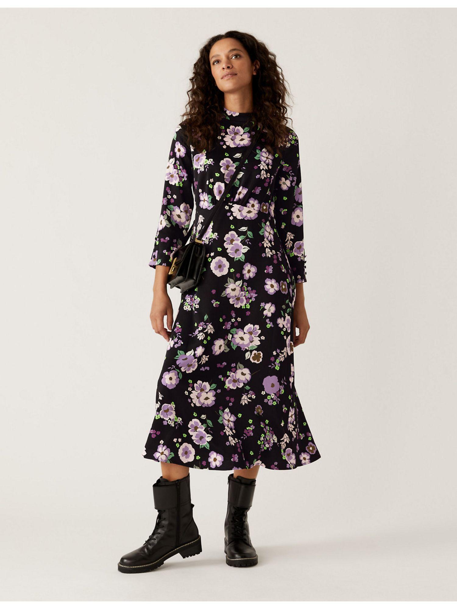 black-satin-floral-button-detail-midi-dress