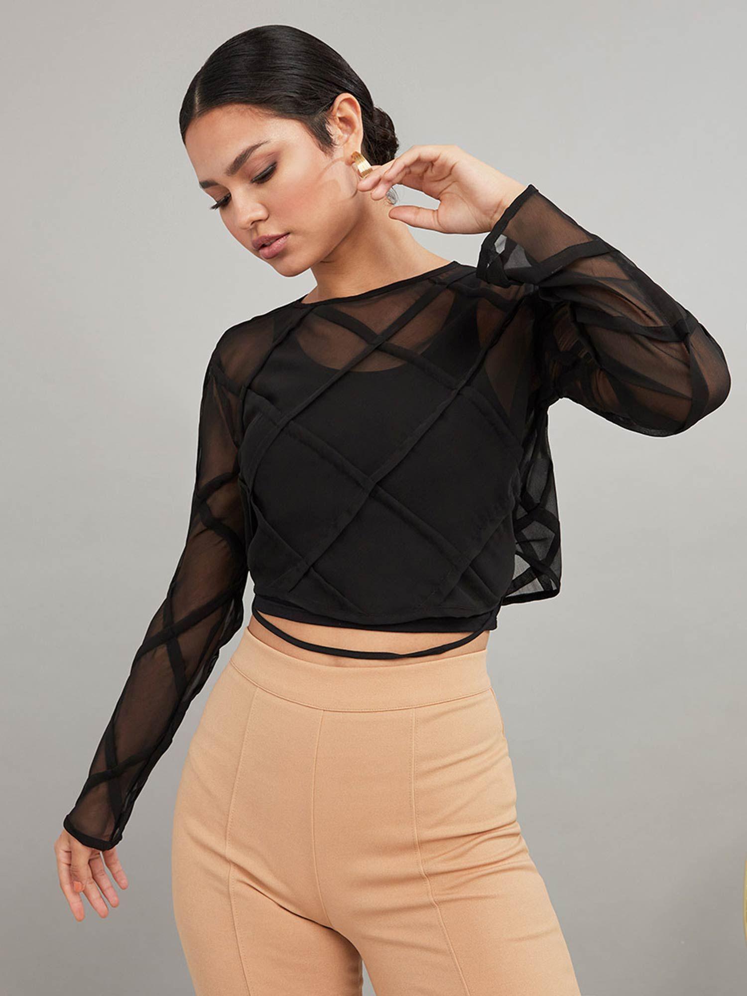 black-long-sleeves-crisscross-pattern-sheer-blouse-with-tie-detail