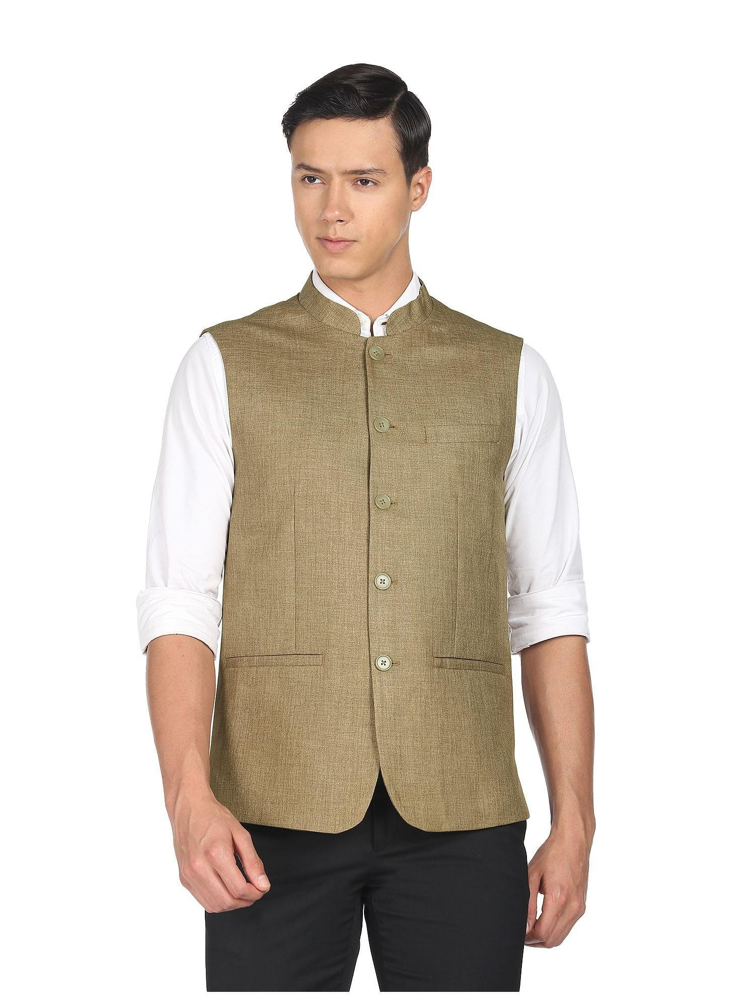 men-olive-mandarin-collar-heathered-nehru-jacket