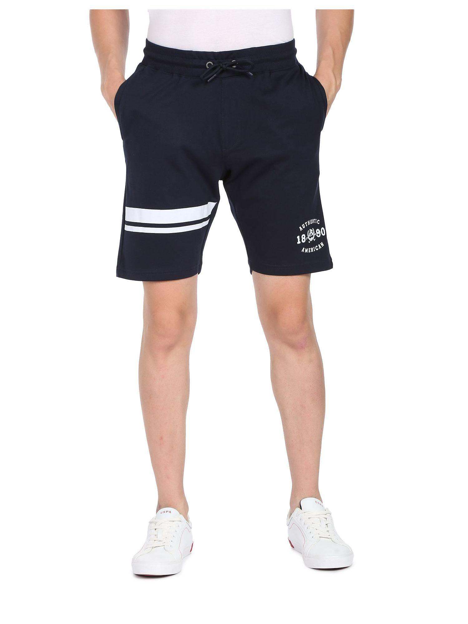 men-navy-drawstring-waist-printed-knit-shorts