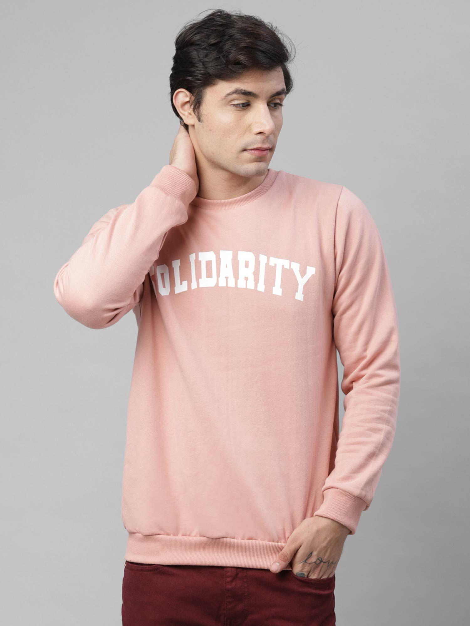 men-coral-pink-placement-print-round-neck-fleece-sweatshirt