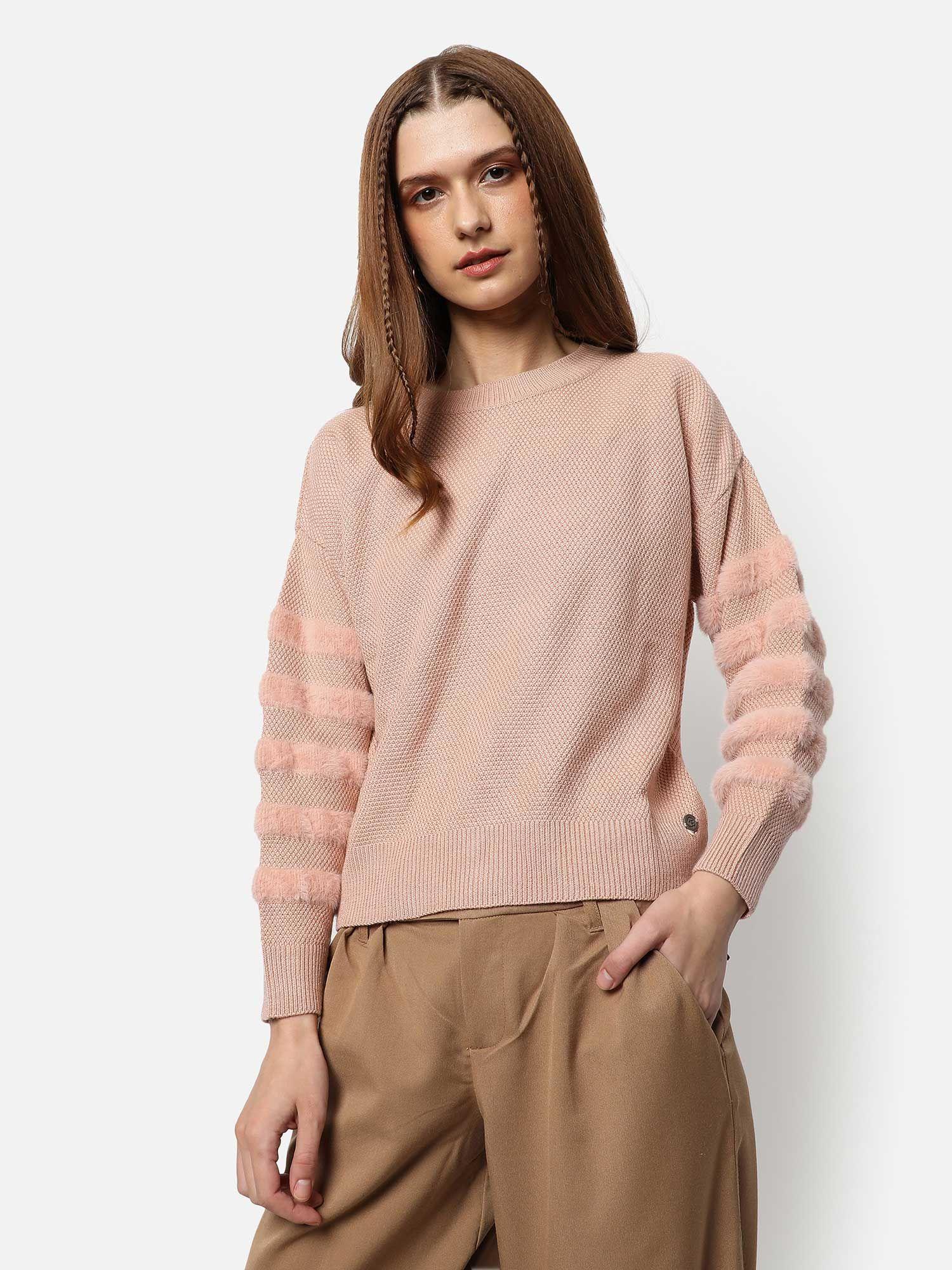 womens-pink-striped-fleece-sweater