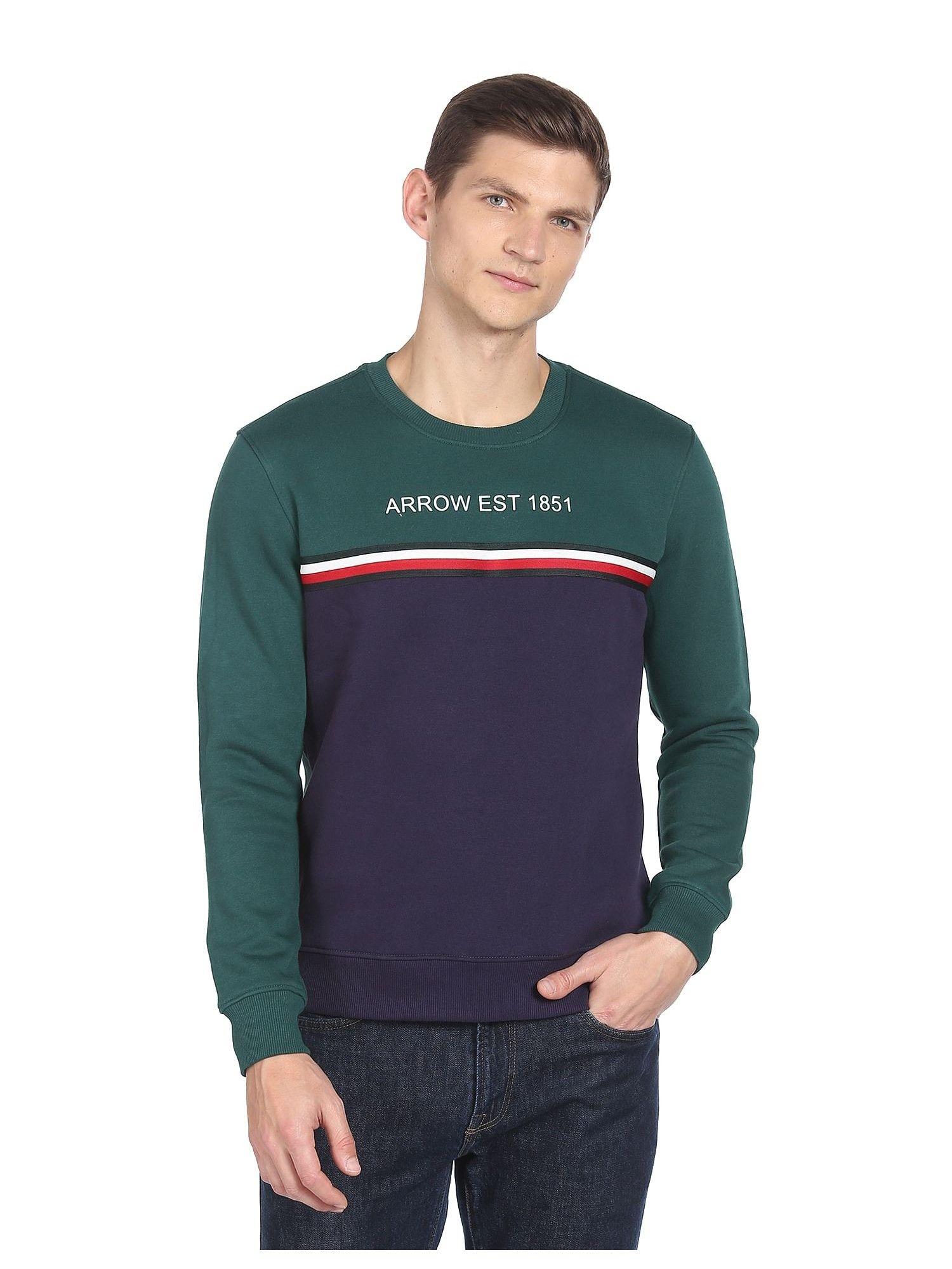 men-green-crew-neck-panel-construction-sweatshirt