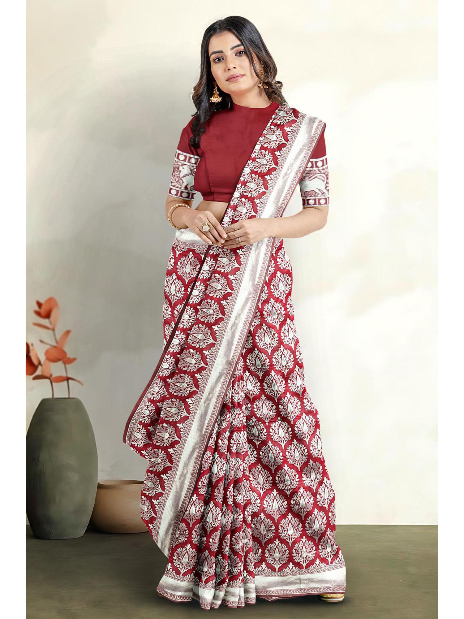 maroon-silk-blend-ethnic-motifs-saree-with-blouse-piece-with-unstitched