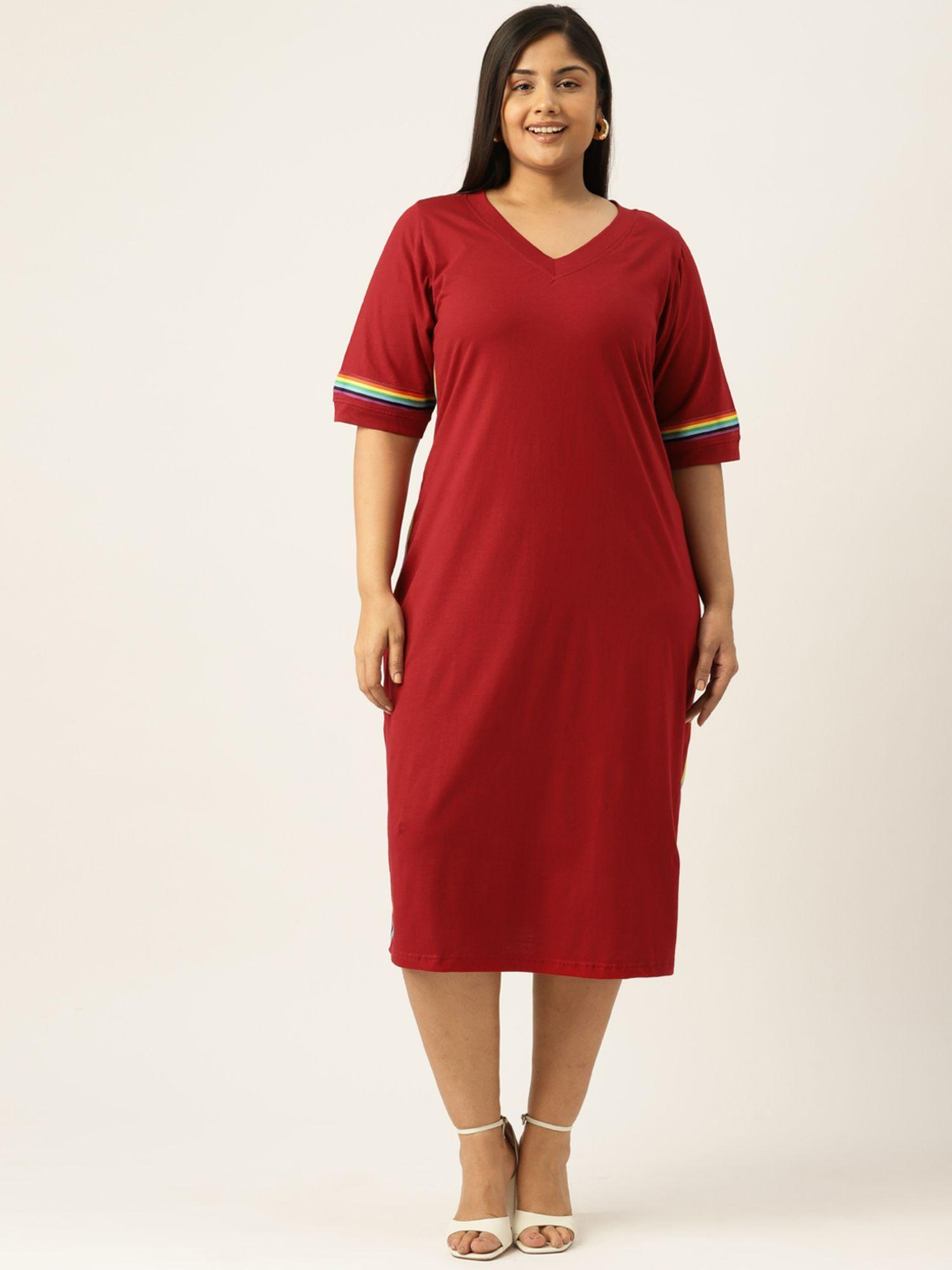 plus-size-womens-maroon-solid-cotton-knitted-a-line-dress