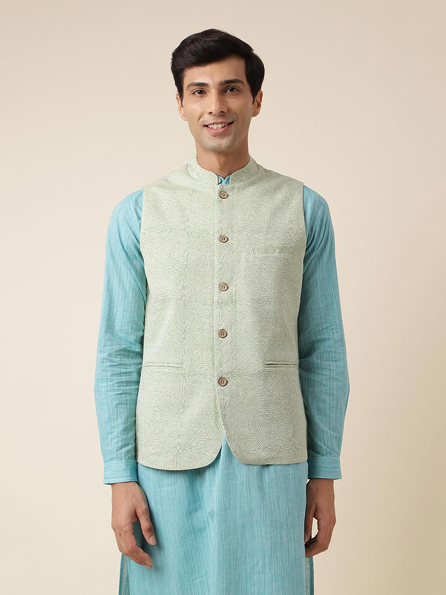 green-cotton-printed-nehru-jacket