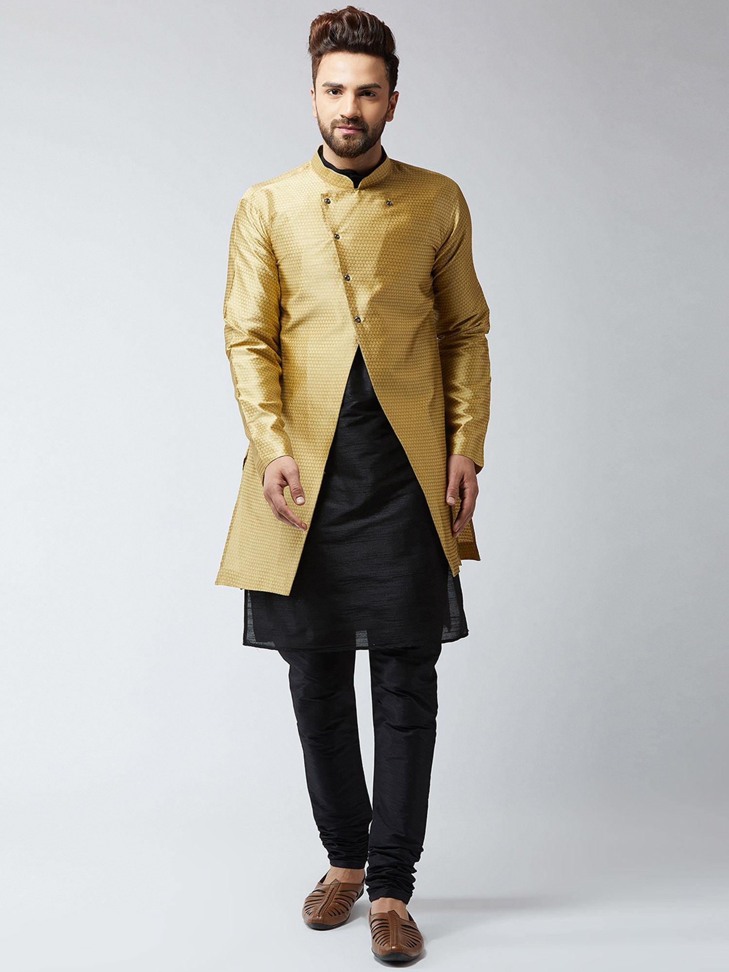 men-silk-blend-black-&-gold-self-design-sherwani-and-kurta-with-churidar-(set-of-3)