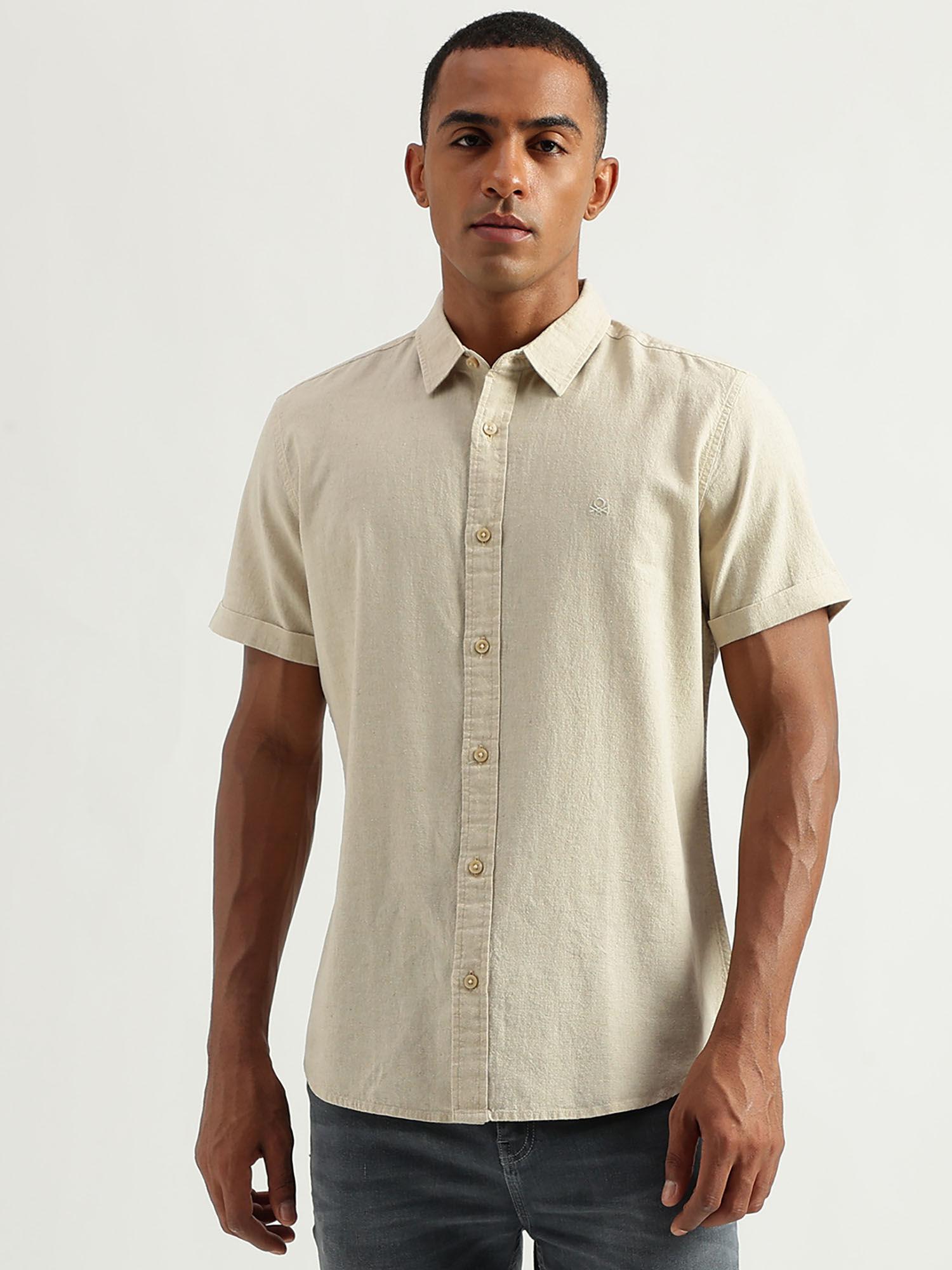 men-slim-fit-spread-collar-solid-shirt-beige