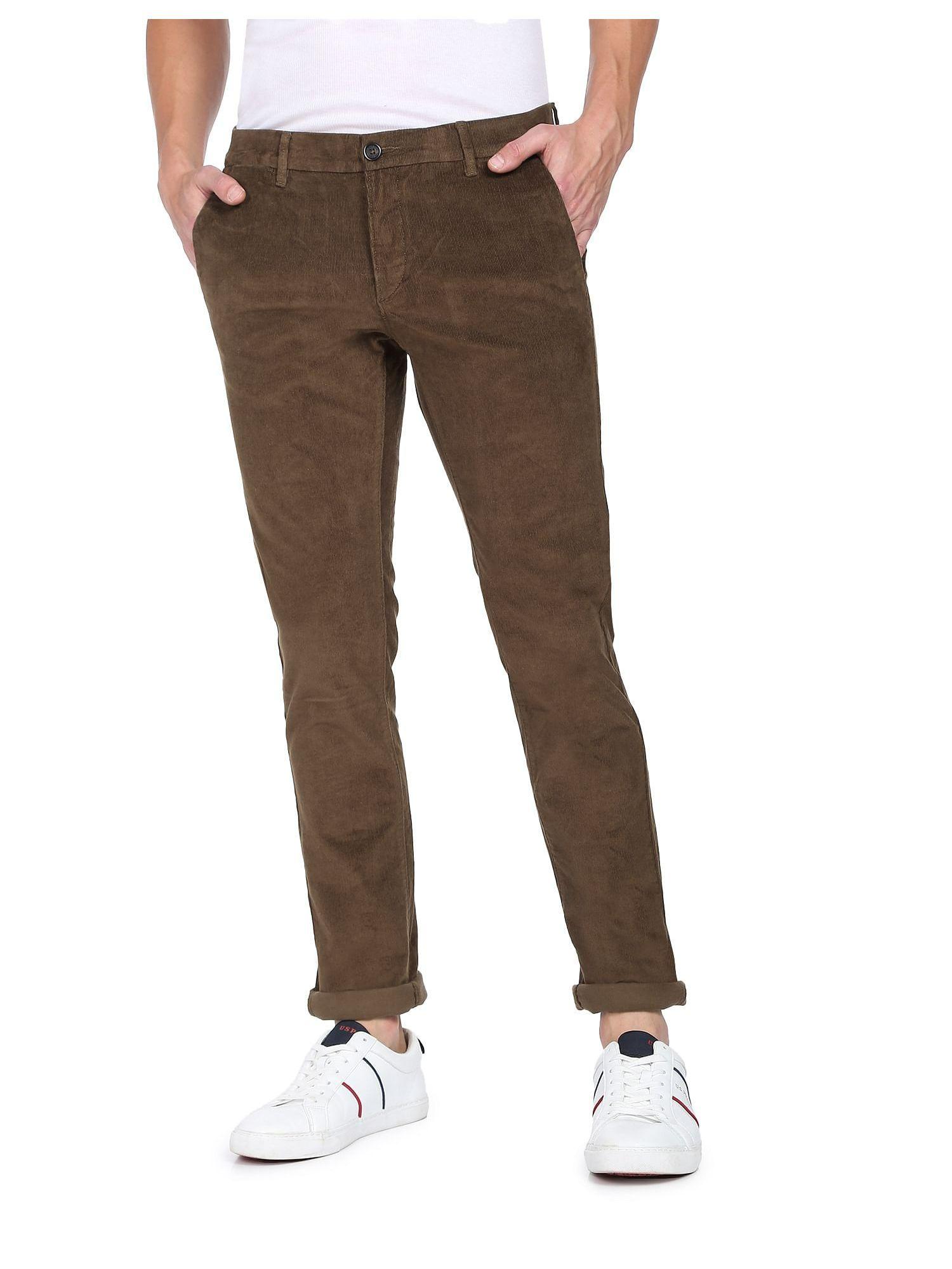 men-brown-corduroy-weave-denver-slim-fit-casual-trousers