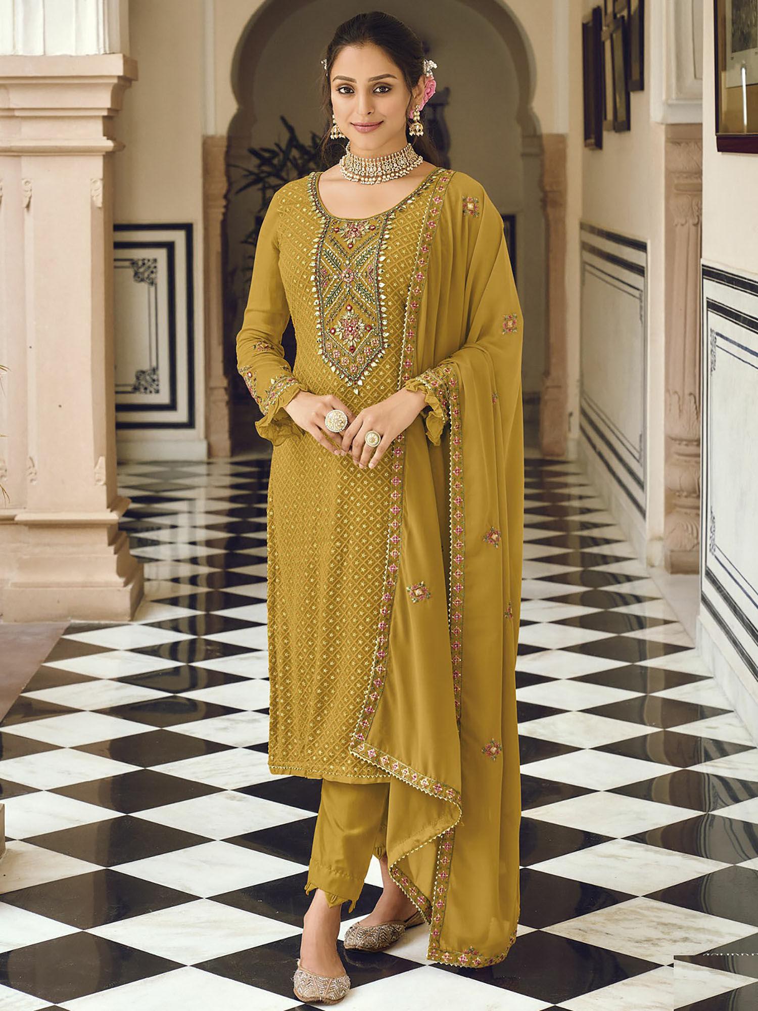 mustard-sequined-embroidered-georgette-semi-stitched-dress-material-(set-of-3)