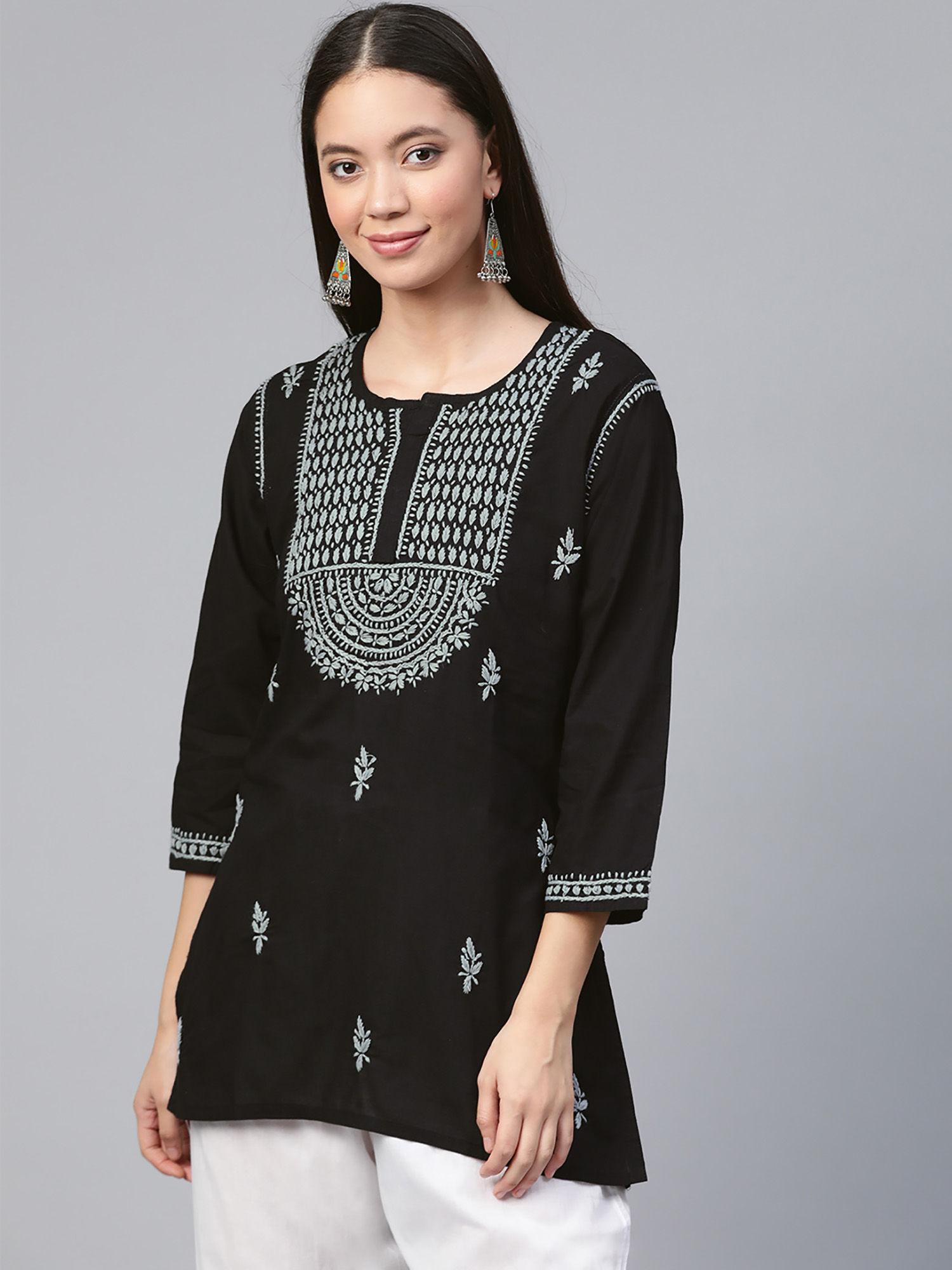 embroidered-black-cotton-lucknow-chikankari-kurti-(xs)-(a100554)