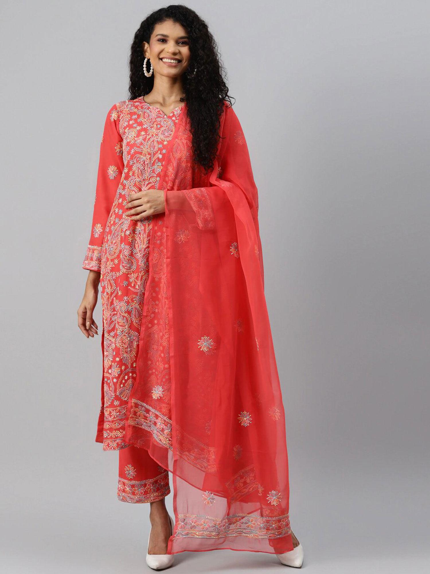 hand-embroidered-carrot-pink-georgette-lucknowi-chikankari-dress-material-(set-of-3)-[a211177]